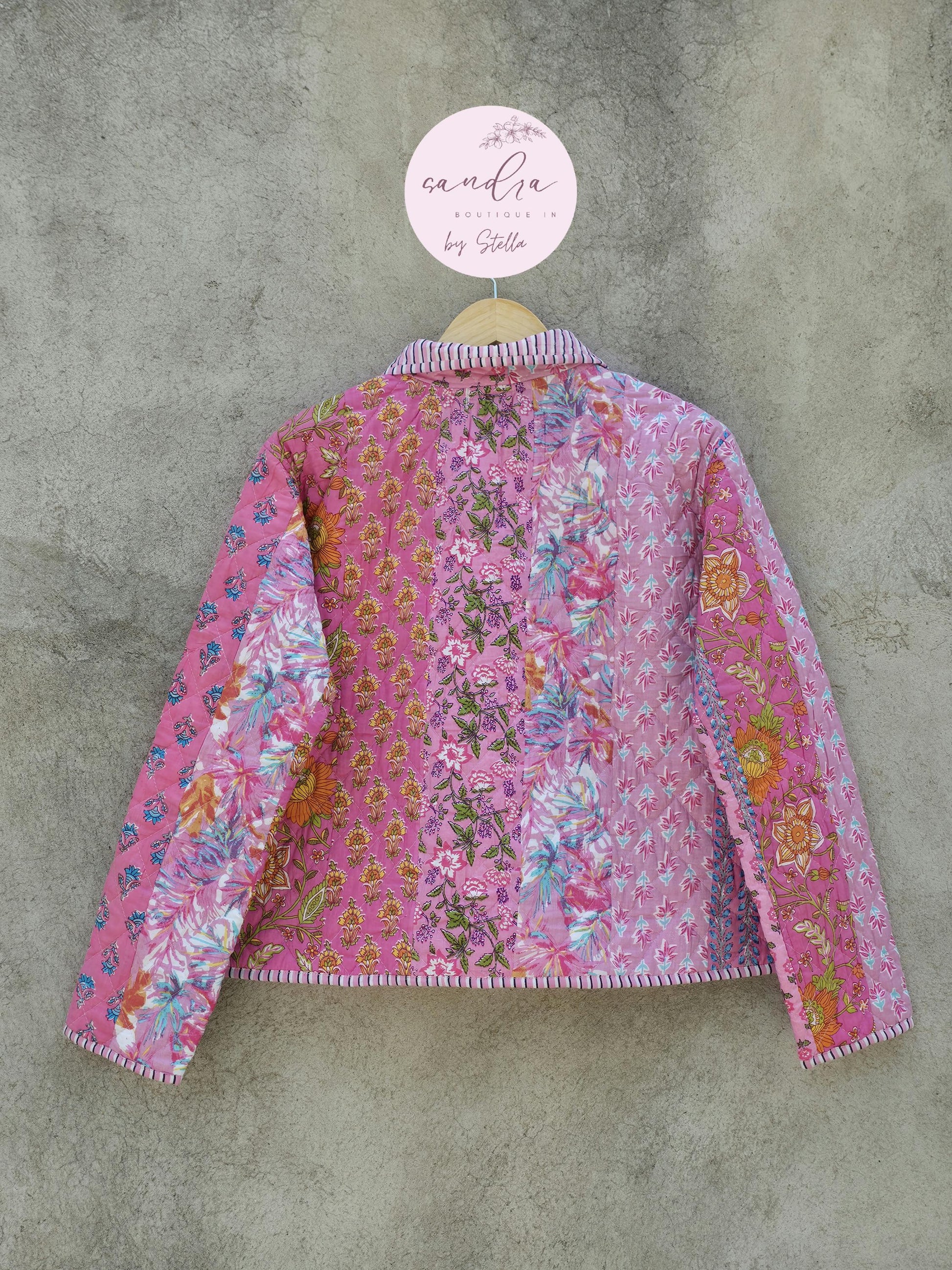 Indian Handmade Patchwork Cotton Quilted Jacket, Vintage Pink New Style Cotton Quilted Jacket, Reversible Women's Boho Coat, Gift for Her