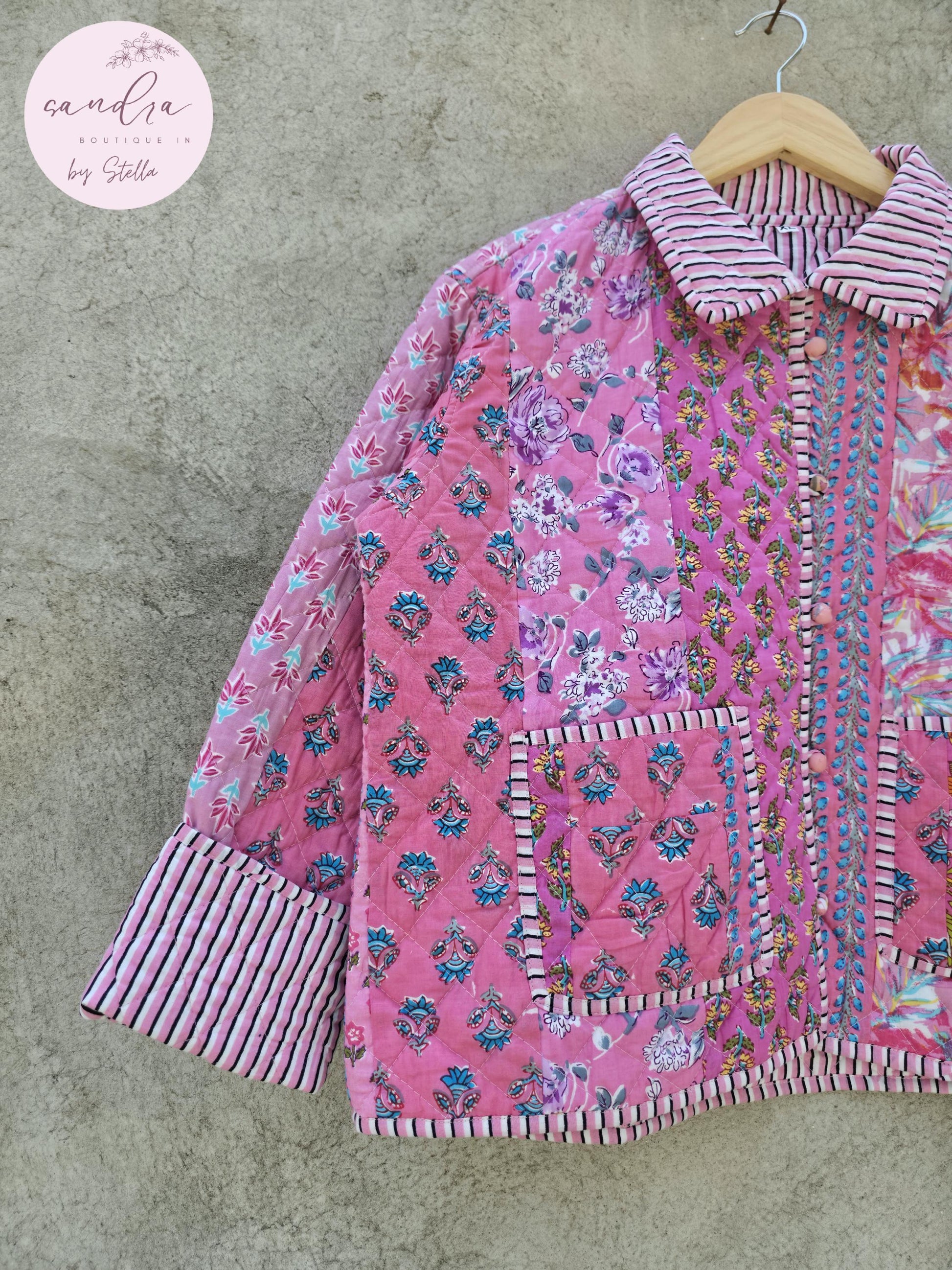 Indian Handmade Patchwork Cotton Quilted Jacket, Vintage Pink New Style Cotton Quilted Jacket, Reversible Women's Boho Coat, Gift for Her