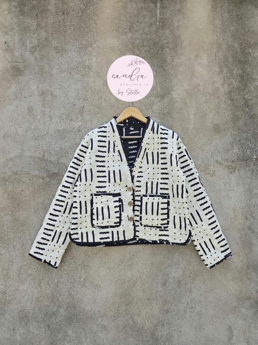 Cotton Quilted Jacket V-Neck New Style Kantha Jacket Hand Block Print Off White Indian Women's Clothing Coat Boho Spring Jacket Gift for Her