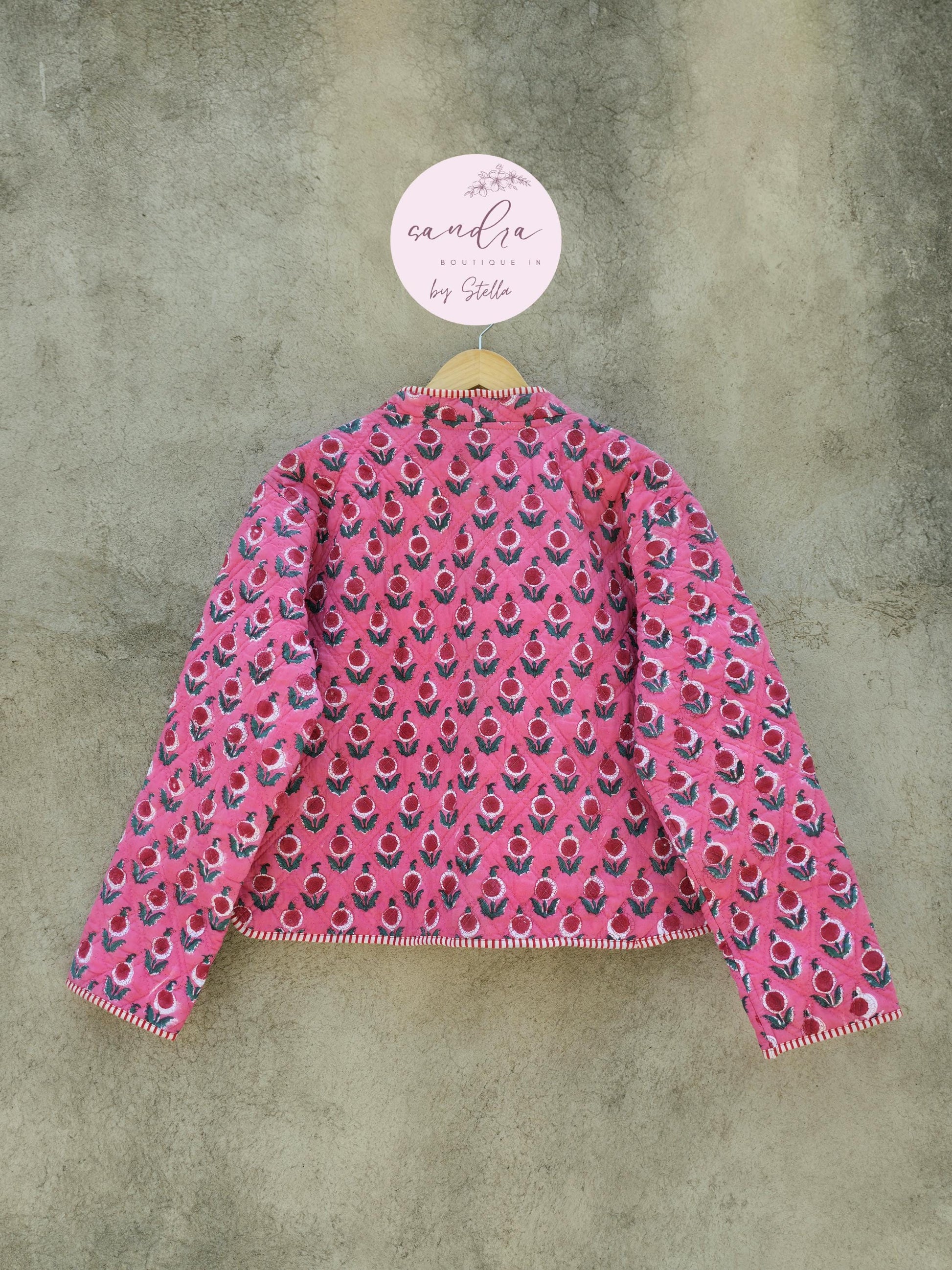 Cotton Quilted Jacket V-Neck New Style Kantha Jacket Pink Hand Block Printed Indian Women's Clothing Coat Boho Spring Jacket Gift for Her