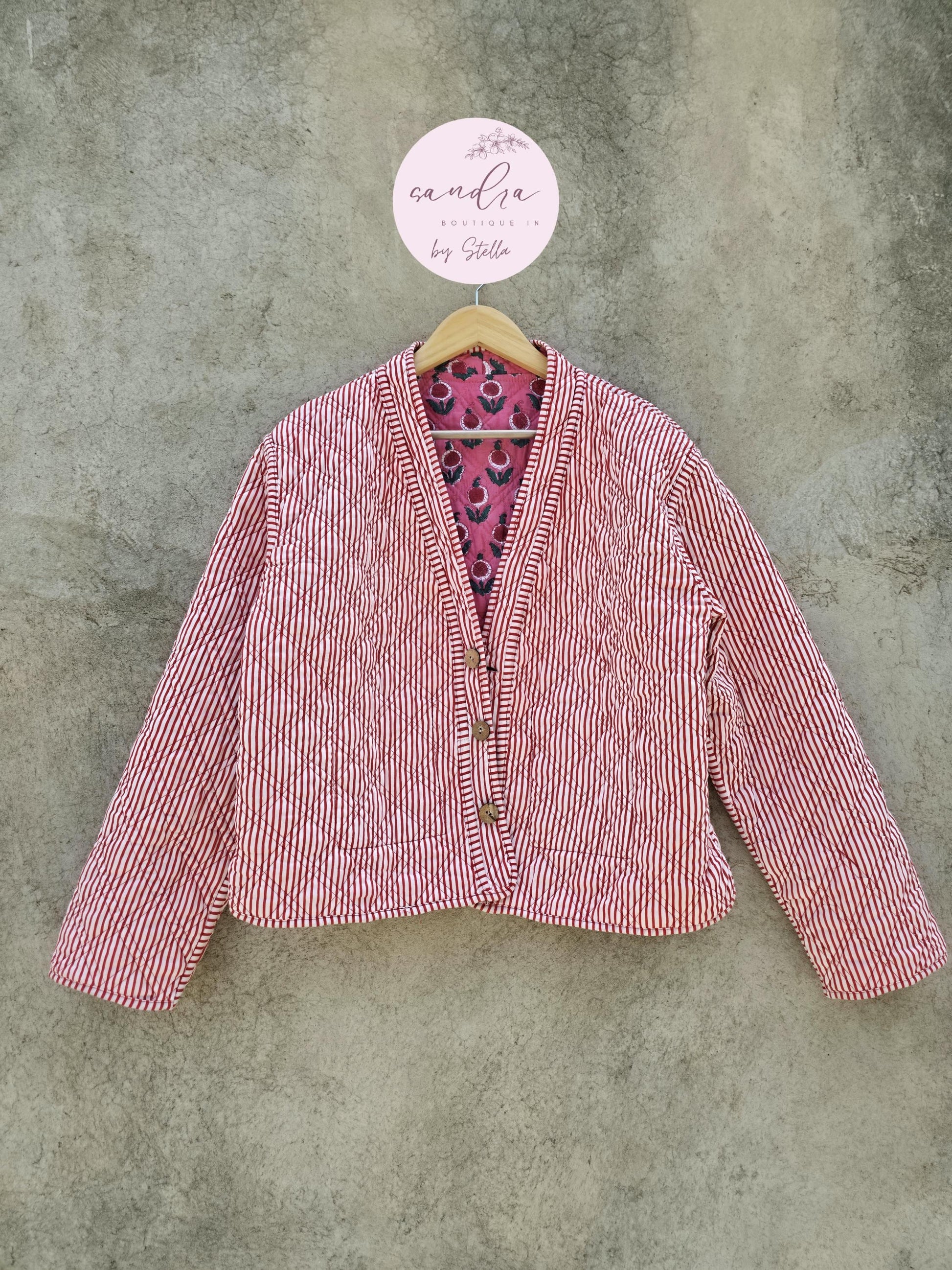Cotton Quilted Jacket V-Neck New Style Kantha Jacket Pink Hand Block Printed Indian Women's Clothing Coat Boho Spring Jacket Gift for Her