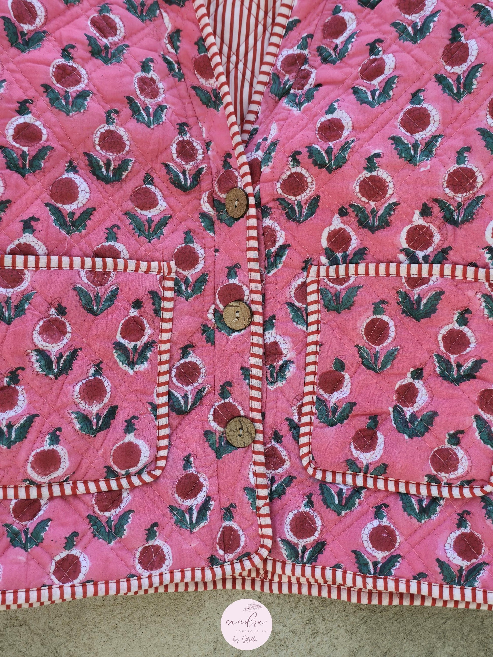 Cotton Quilted Jacket V-Neck New Style Kantha Jacket Pink Hand Block Printed Indian Women's Clothing Coat Boho Spring Jacket Gift for Her