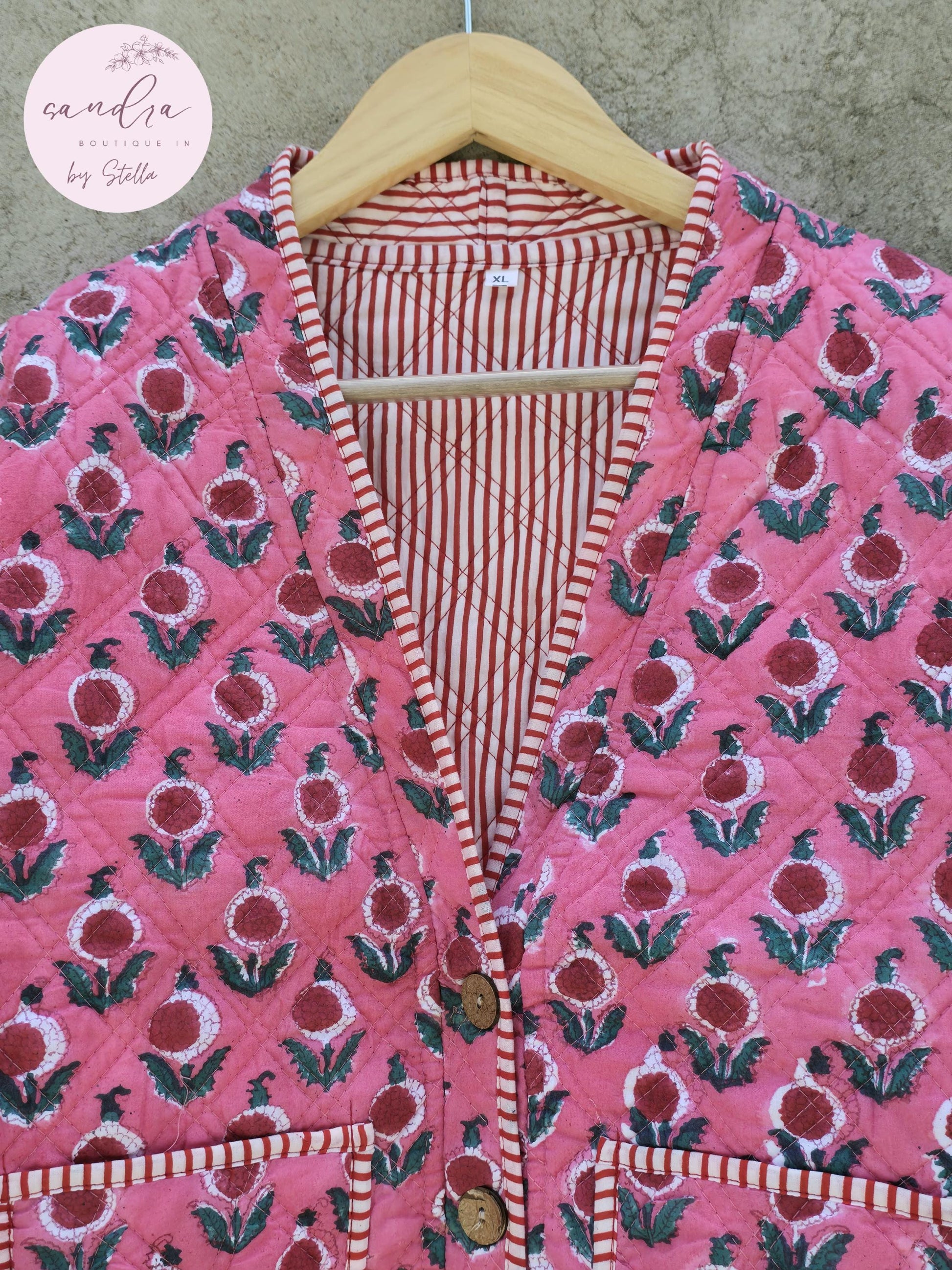 Cotton Quilted Jacket V-Neck New Style Kantha Jacket Pink Hand Block Printed Indian Women's Clothing Coat Boho Spring Jacket Gift for Her
