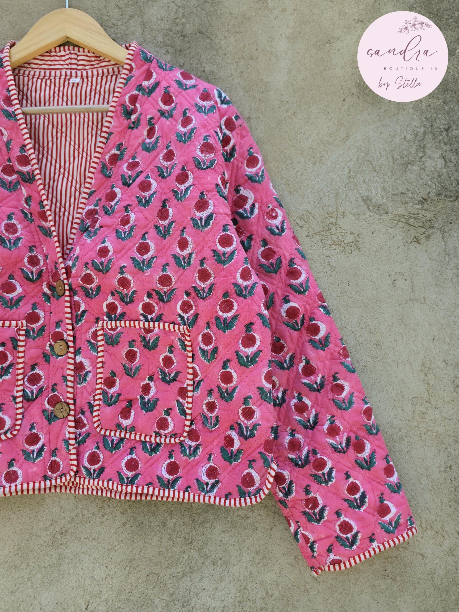 Cotton Quilted Jacket V-Neck New Style Kantha Jacket Pink Hand Block Printed Indian Women's Clothing Coat Boho Spring Jacket Gift for Her