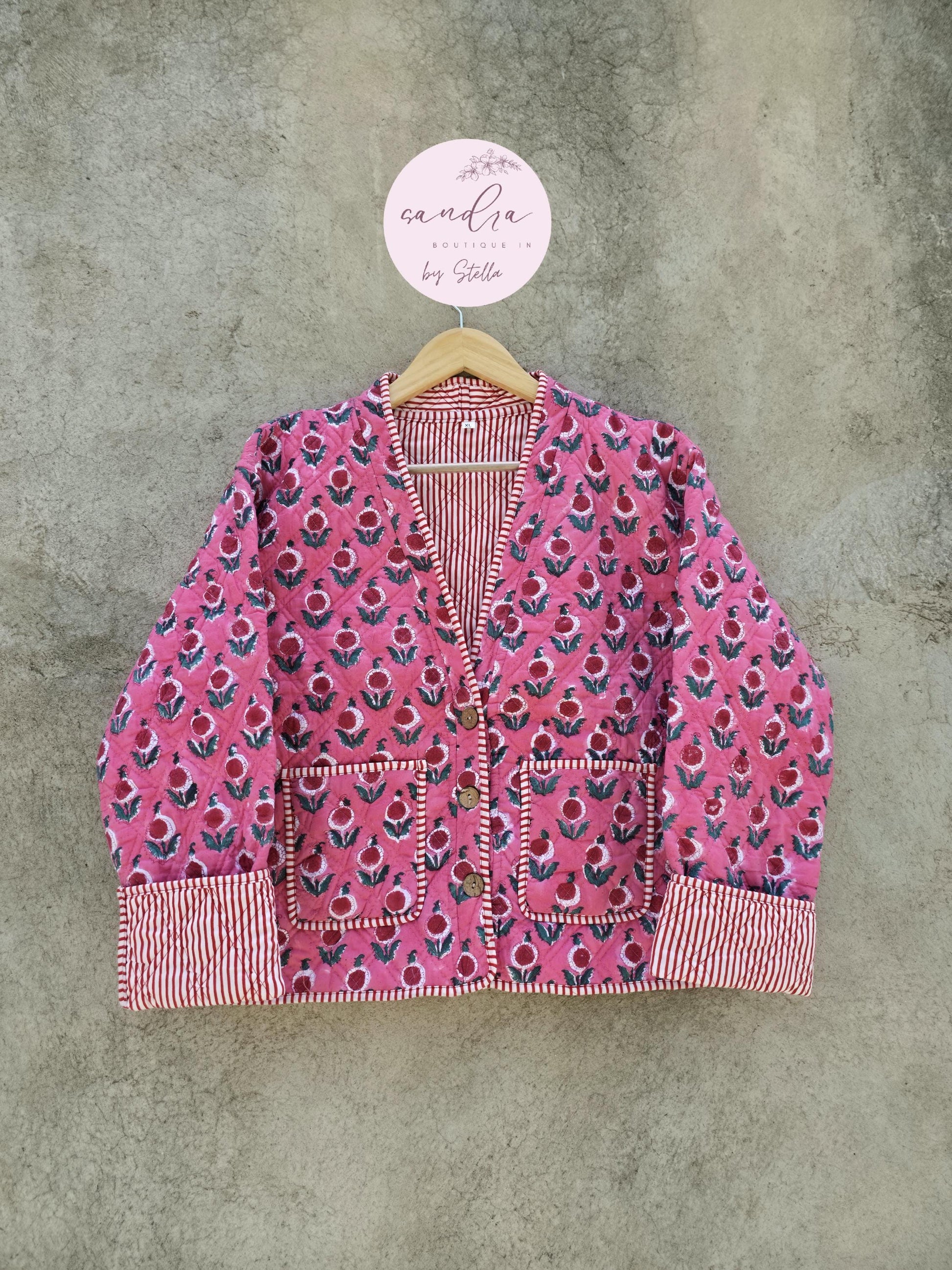 Cotton Quilted Jacket V-Neck New Style Kantha Jacket Pink Hand Block Printed Indian Women's Clothing Coat Boho Spring Jacket Gift for Her