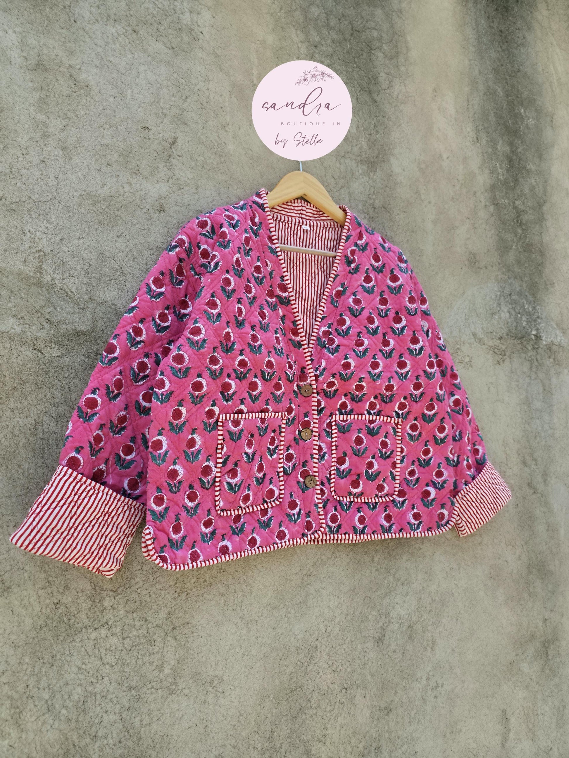 Cotton Quilted Jacket V-Neck New Style Kantha Jacket Pink Hand Block Printed Indian Women's Clothing Coat Boho Spring Jacket Gift for Her
