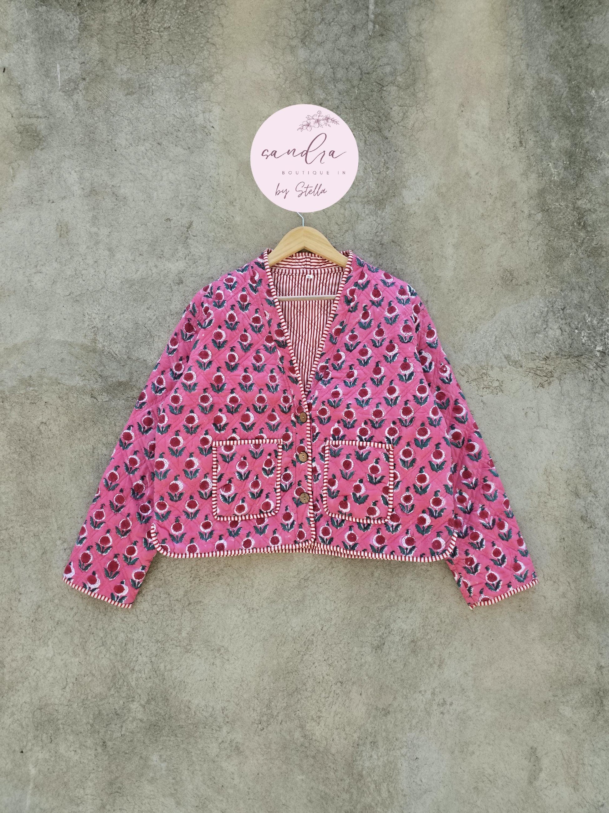 Cotton Quilted Jacket V-Neck New Style Kantha Jacket Pink Hand Block Printed Indian Women's Clothing Coat Boho Spring Jacket Gift for Her