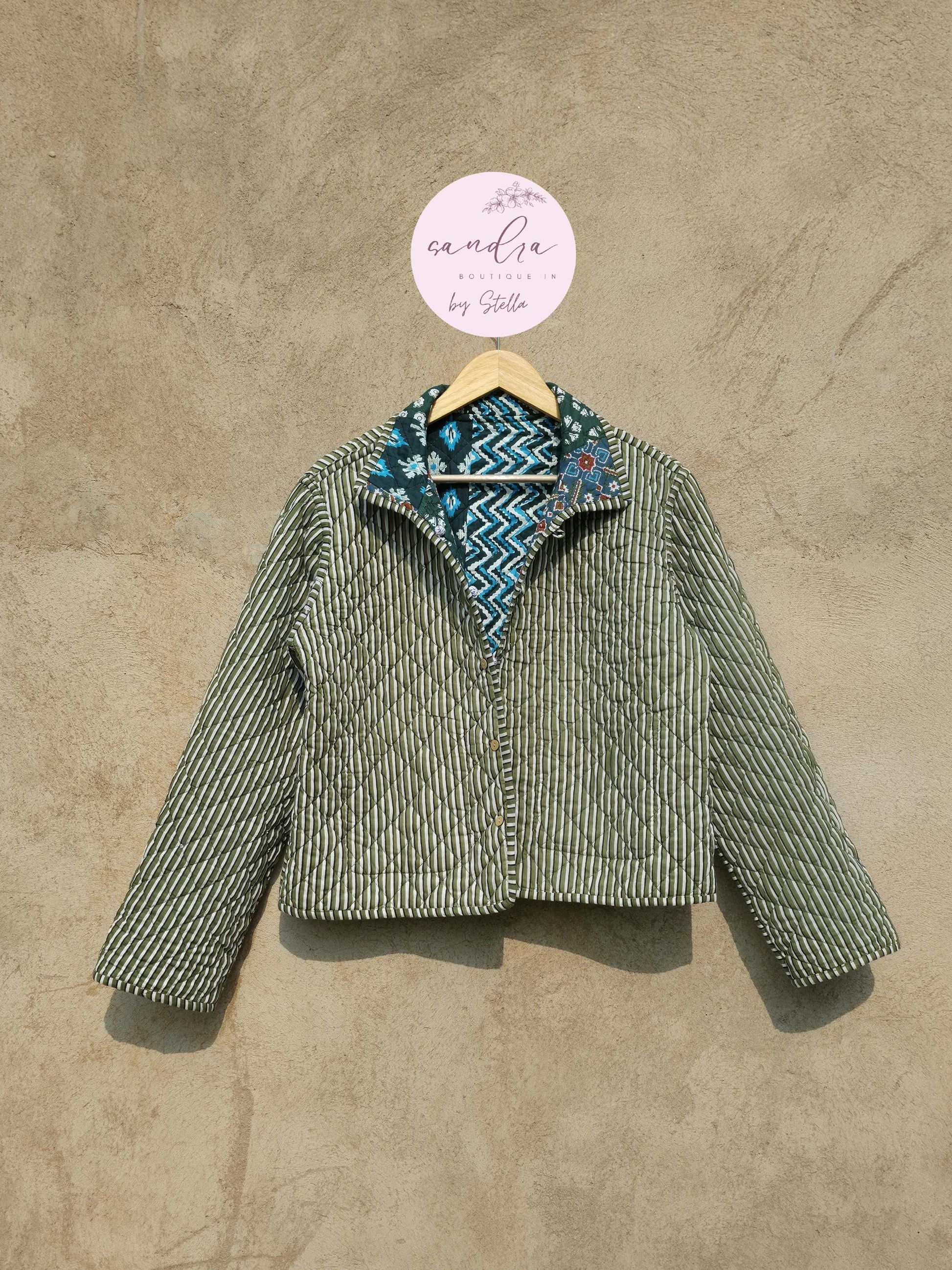 Indian Handmade Patchwork Cotton Quilted Jacket, Vintage Green New Style Cotton Quilted Jacket, Reversible Women's Boho Coat, Gift for Her