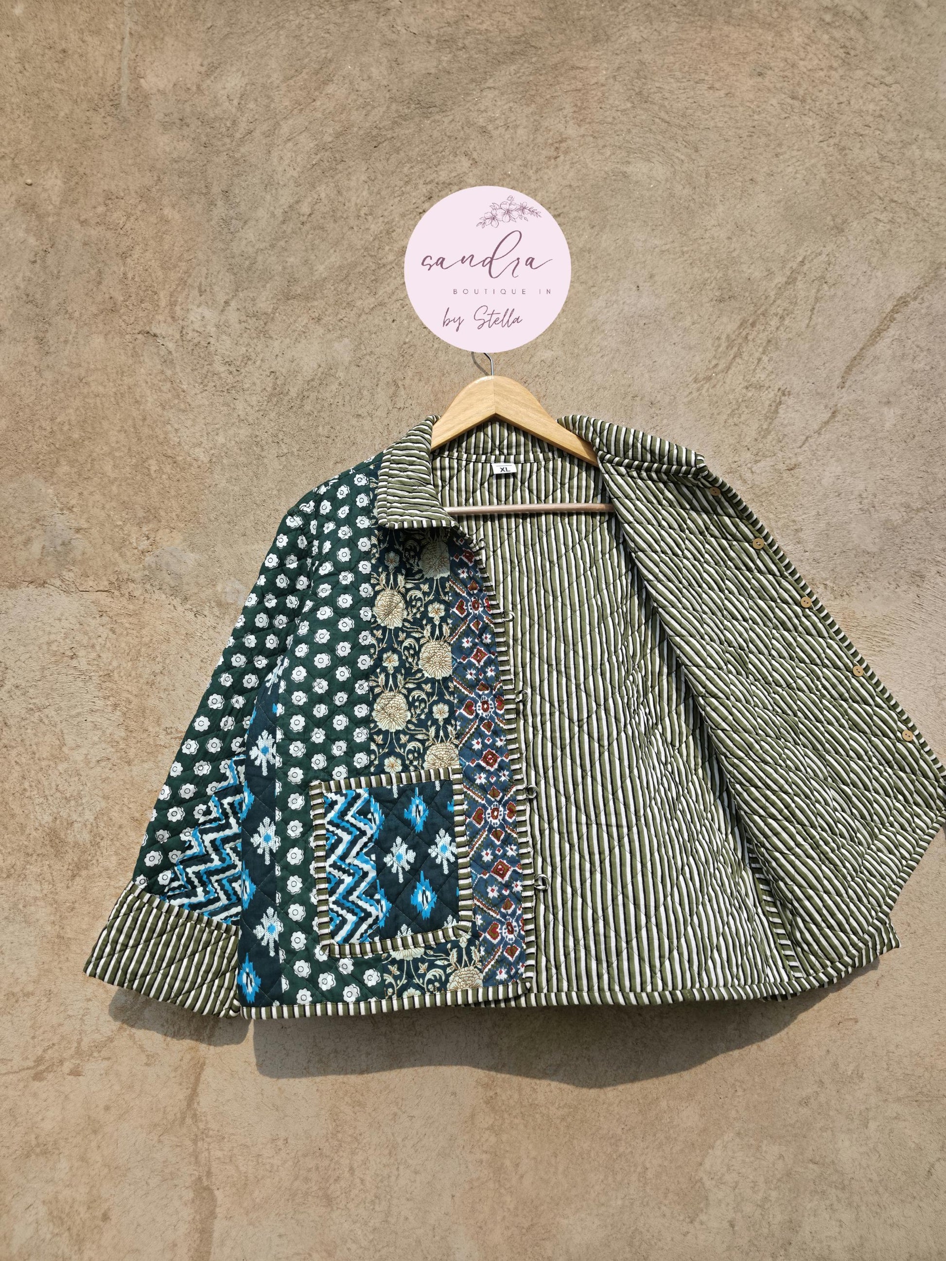 Indian Handmade Patchwork Cotton Quilted Jacket, Vintage Green New Style Cotton Quilted Jacket, Reversible Women's Boho Coat, Gift for Her