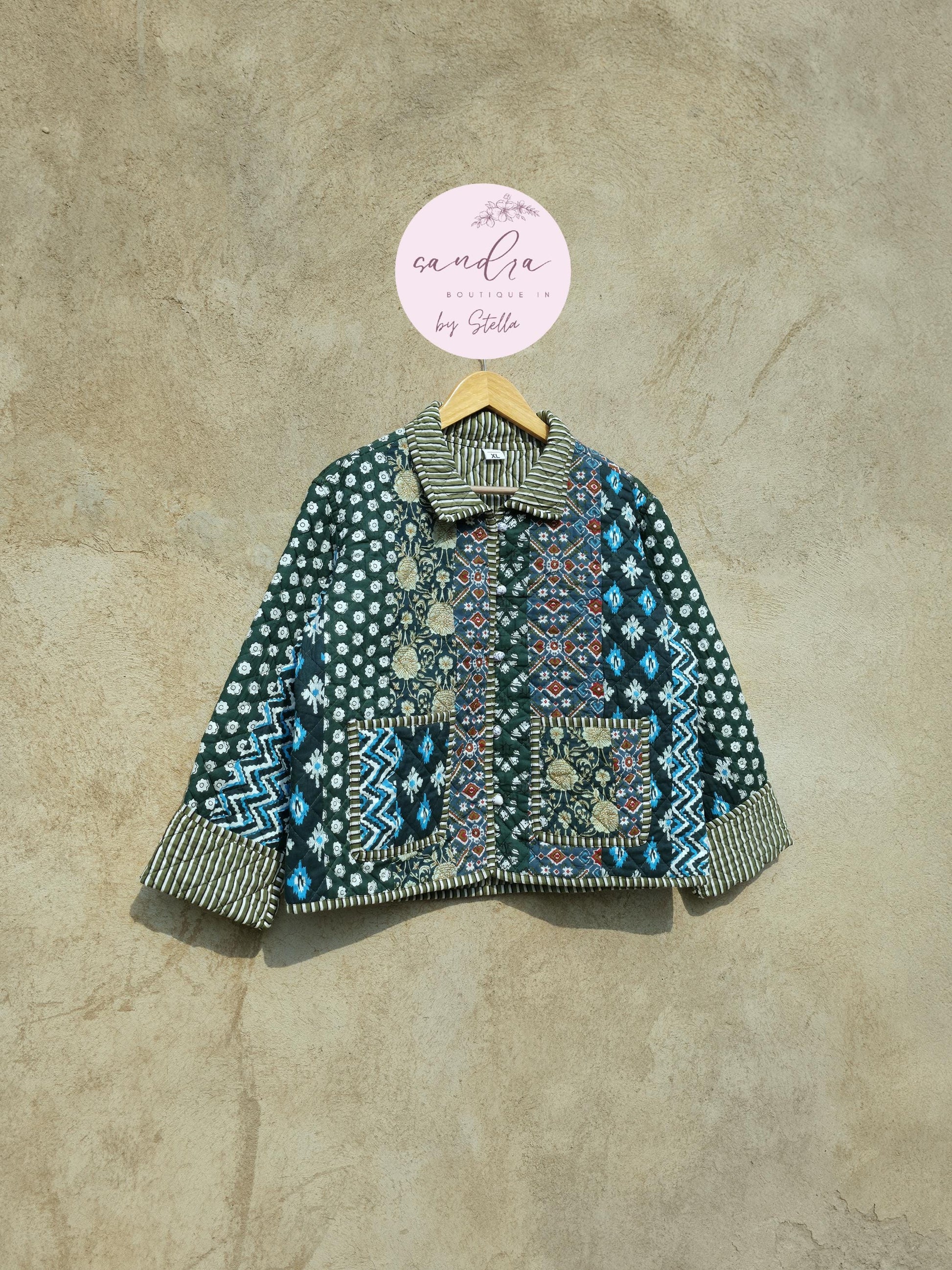 Indian Handmade Patchwork Cotton Quilted Jacket, Vintage Green New Style Cotton Quilted Jacket, Reversible Women's Boho Coat, Gift for Her
