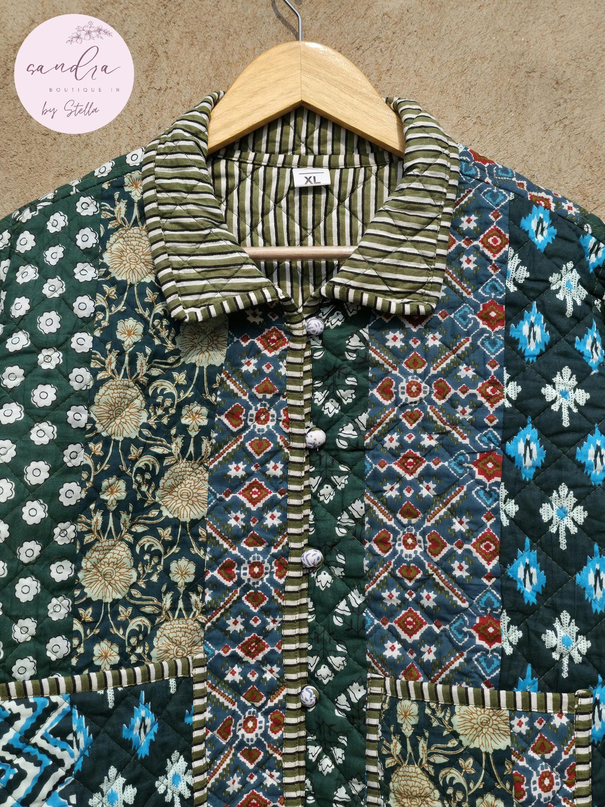 Indian Handmade Patchwork Cotton Quilted Jacket, Vintage Green New Style Cotton Quilted Jacket, Reversible Women's Boho Coat, Gift for Her