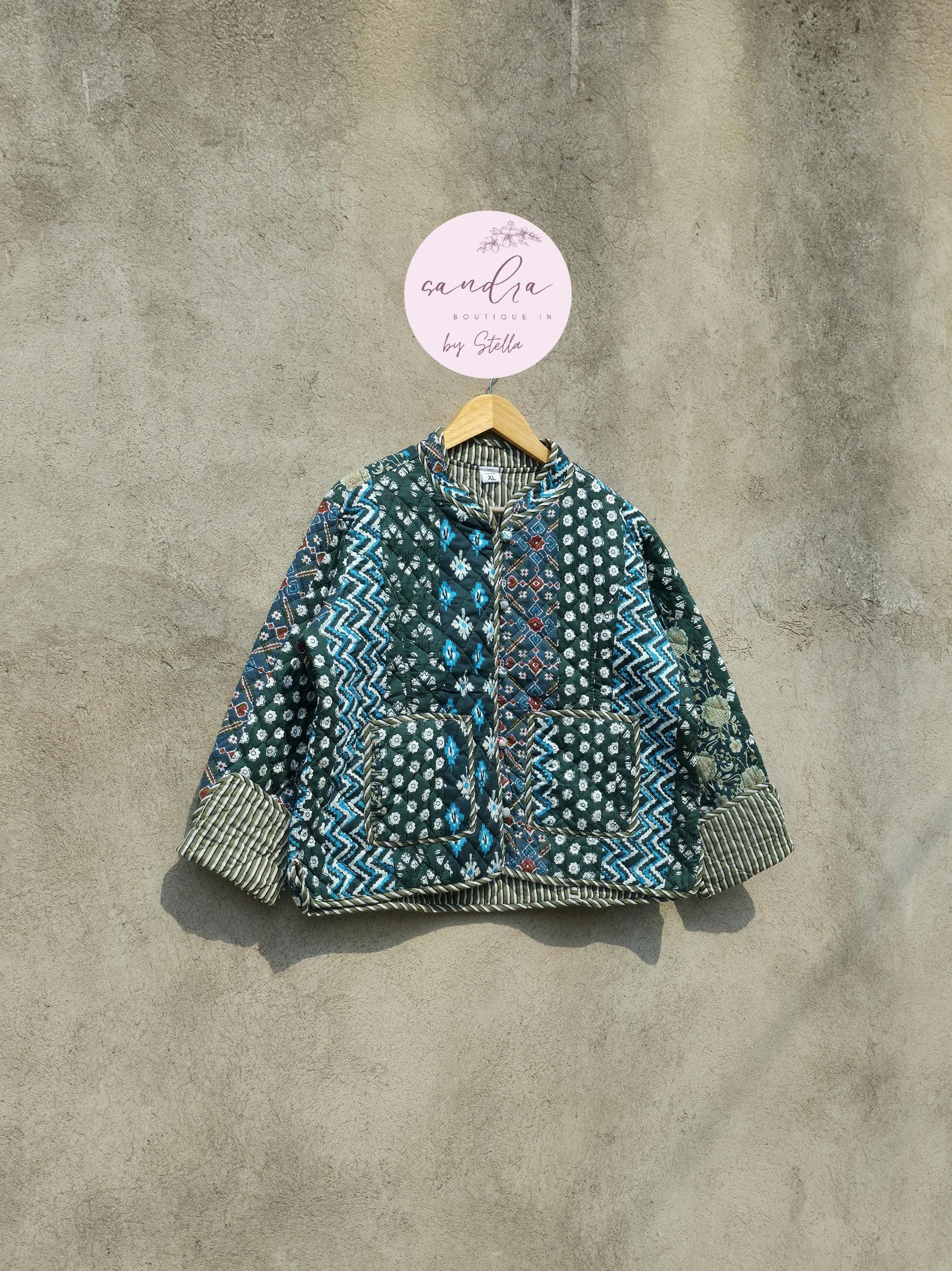 Indian Handmade Patchwork Cotton Quilted Jacket, Vintage New Style Collar Cotton Quilted Jacket, Reversible Women's Boho Coat, Gift for Her