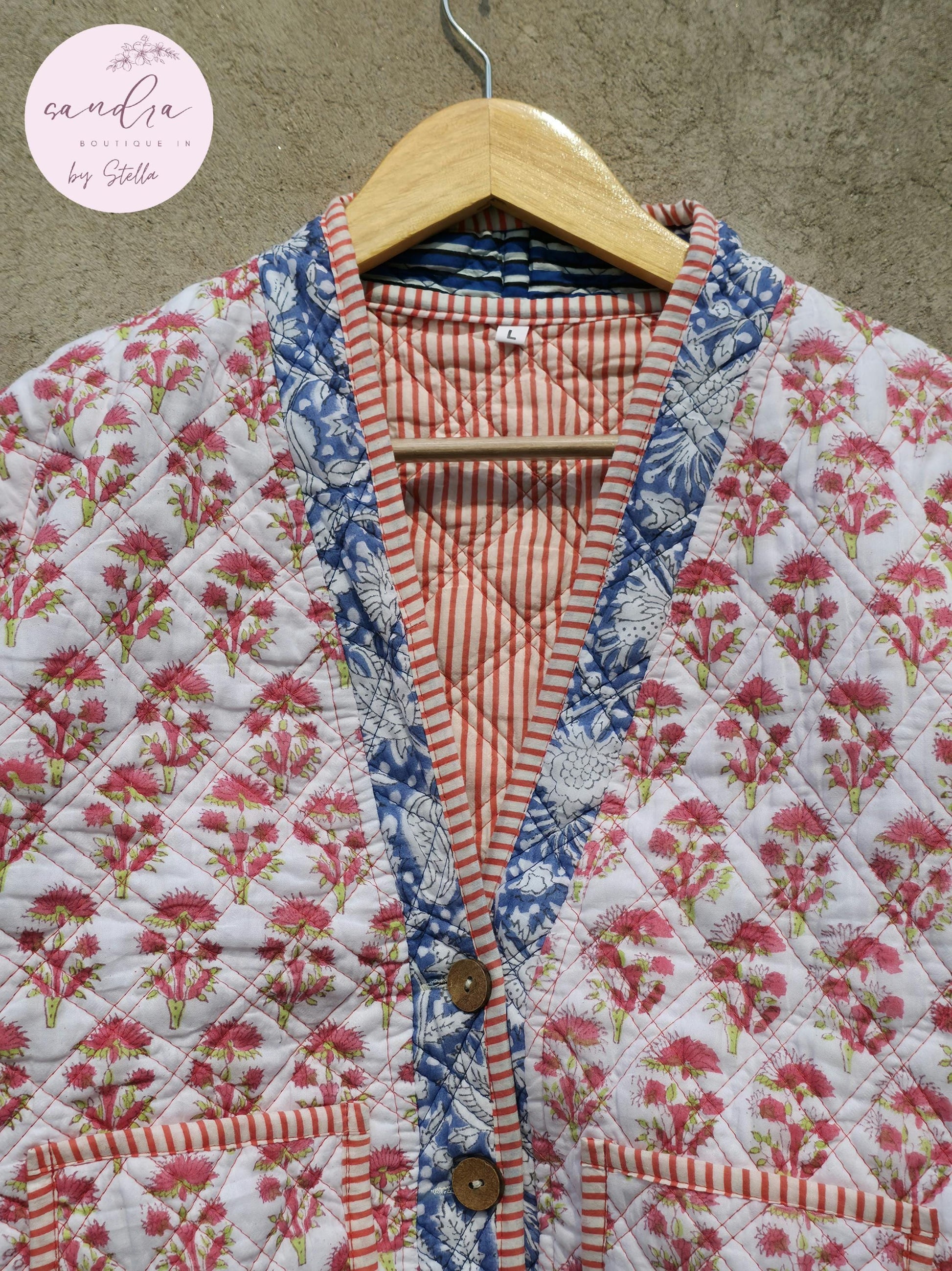 Cotton Quilted Jacket V-Neck New Style Kantha Jacket White Hand Block Print Indian Women's Clothing Coat Boho Spring Jacket Gift for Her