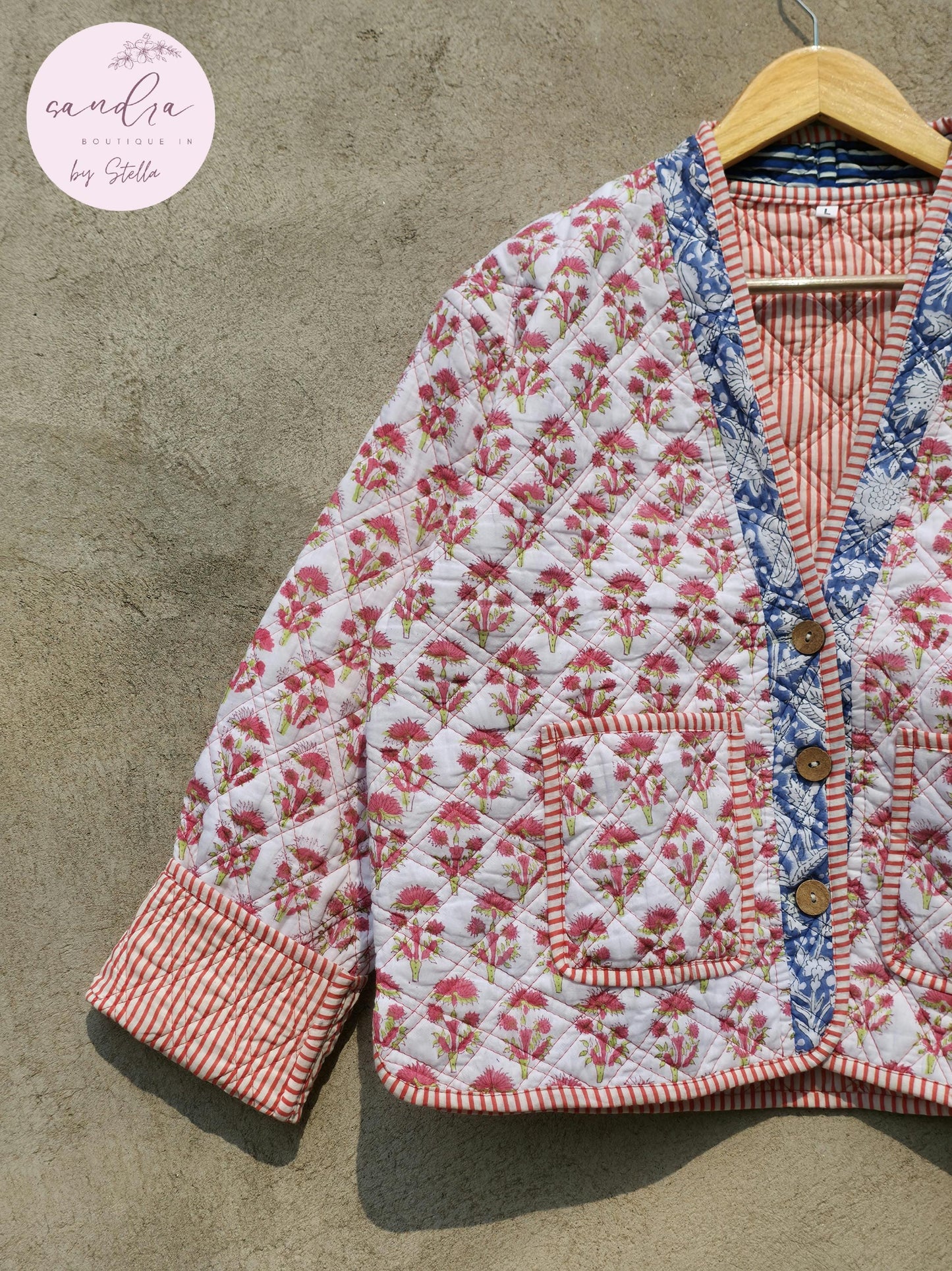Cotton Quilted Jacket V-Neck New Style Kantha Jacket White Hand Block Print Indian Women's Clothing Coat Boho Spring Jacket Gift for Her