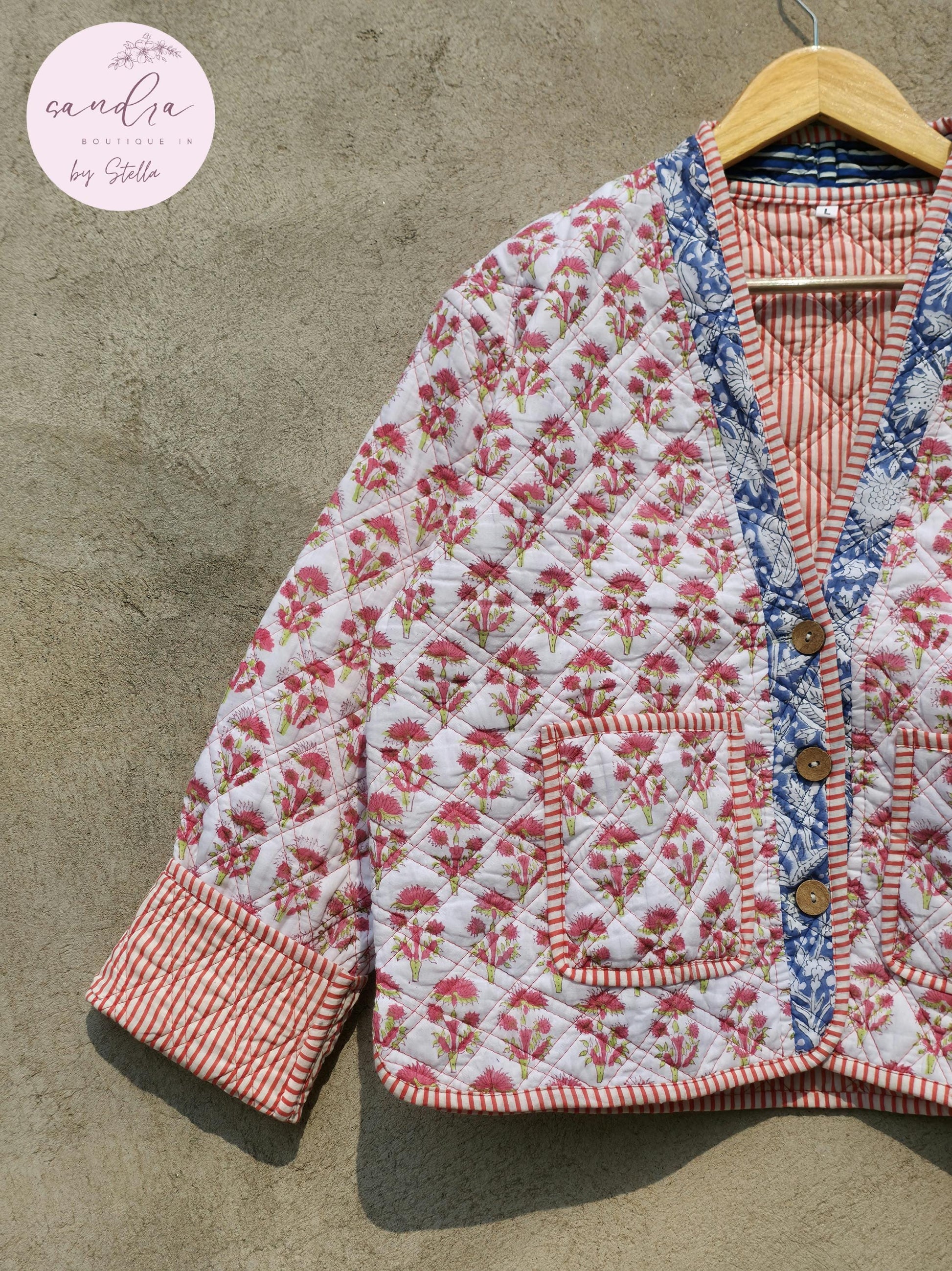 Cotton Quilted Jacket V-Neck New Style Kantha Jacket White Hand Block Print Indian Women's Clothing Coat Boho Spring Jacket Gift for Her