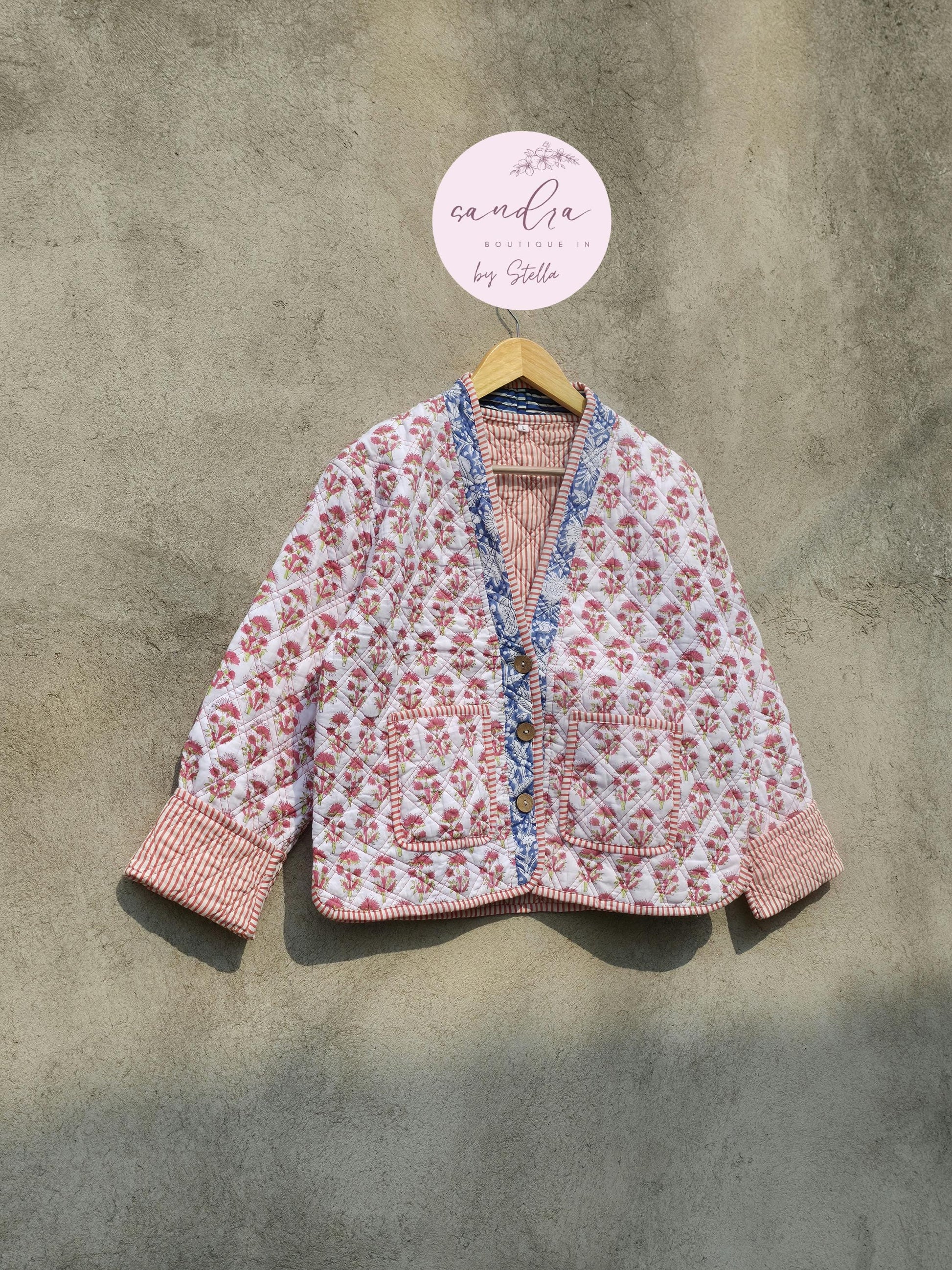 Cotton Quilted Jacket V-Neck New Style Kantha Jacket White Hand Block Print Indian Women's Clothing Coat Boho Spring Jacket Gift for Her