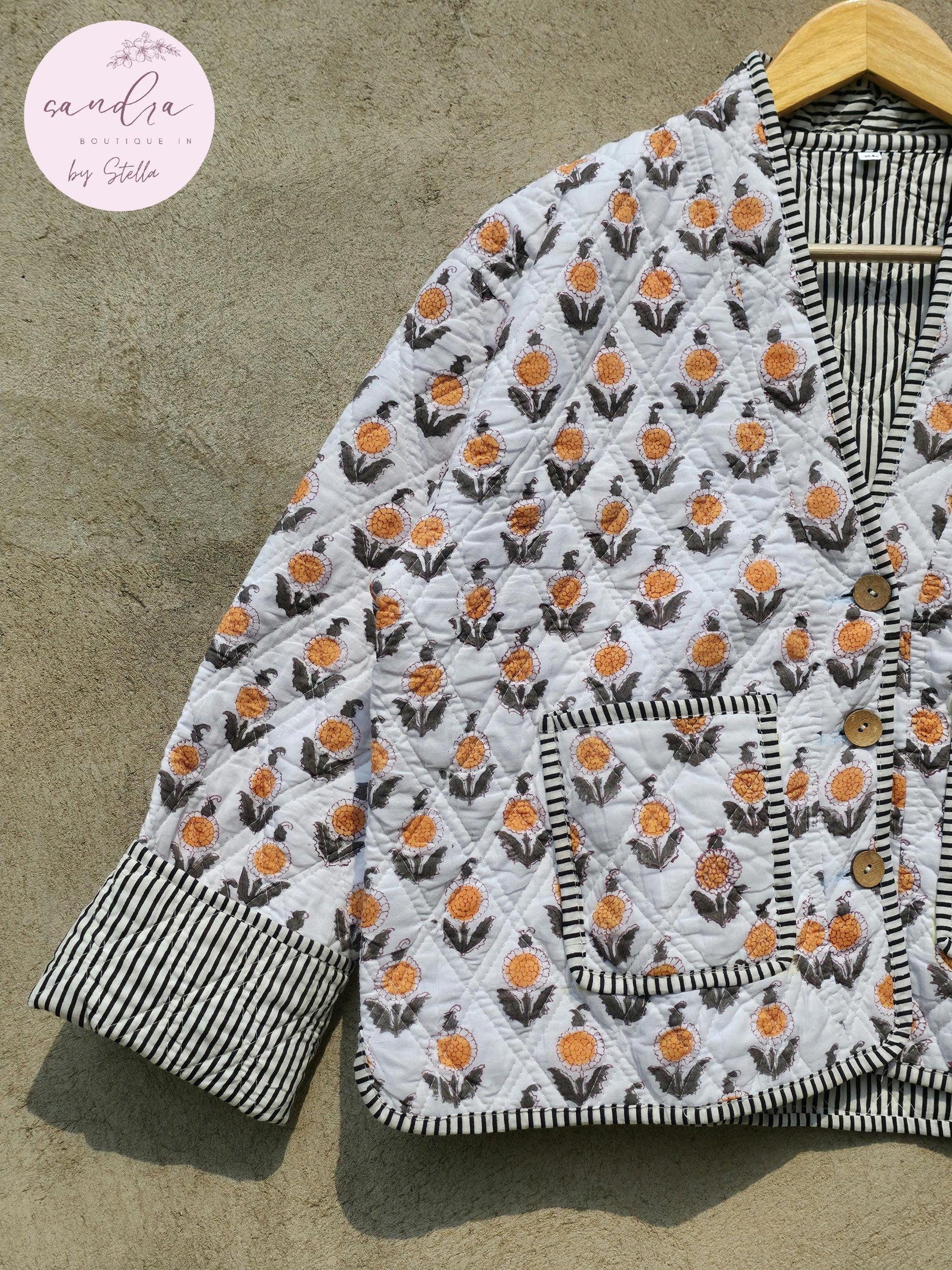 Cotton Quilted Jacket V-Neck New Style Kantha Jacket White Hand Block Print Indian Women's Clothing Coat Boho Spring Jacket Gift for Her