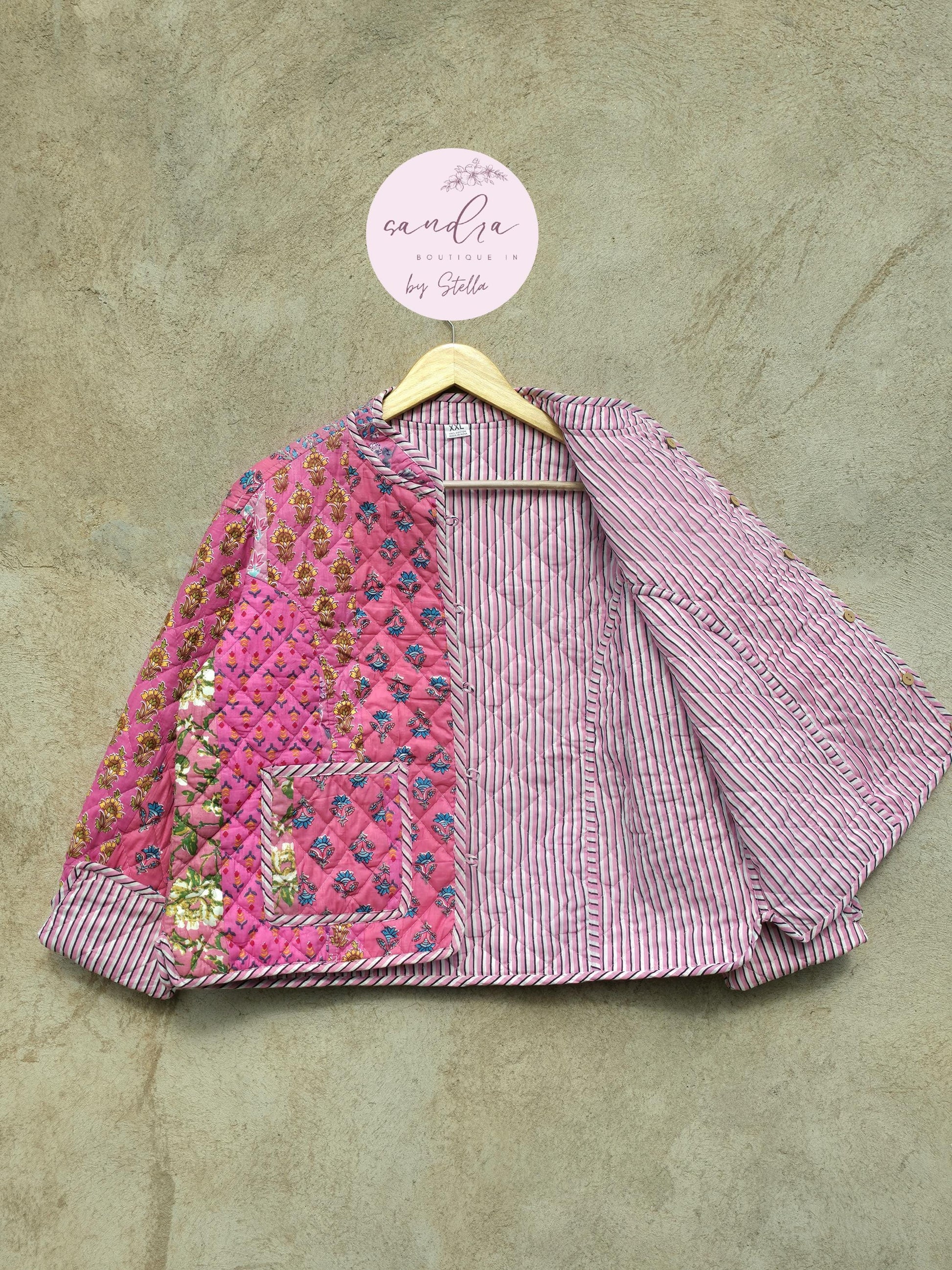 Indian Handmade Quilted Cotton Jacket, Vintage Pink Patchwork Women's Reversible Coat, Kimono Vintage Boho Jacket Spring Jacket Gift for Her
