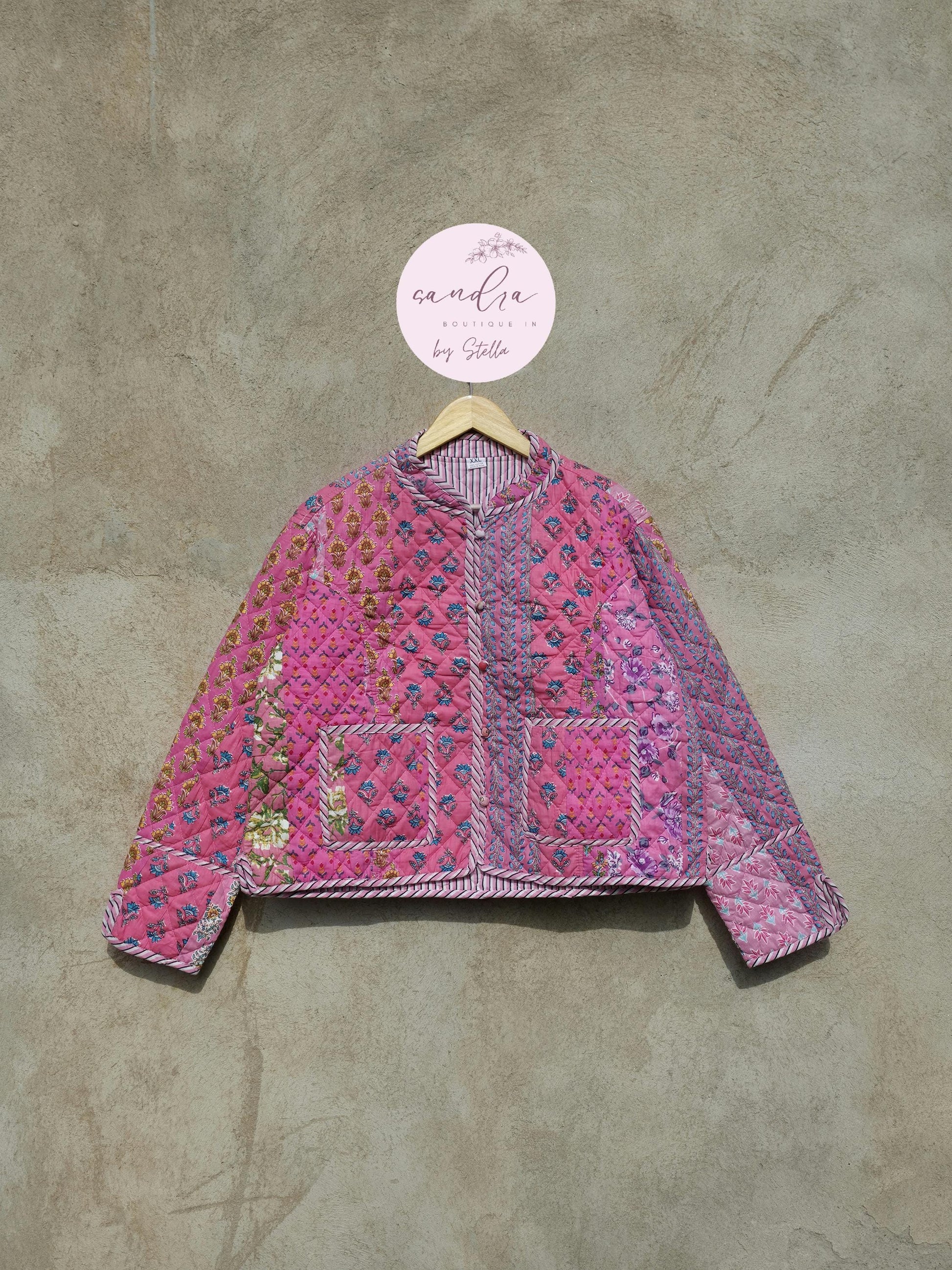 Indian Handmade Quilted Cotton Jacket, Vintage Pink Patchwork Women's Reversible Coat, Kimono Vintage Boho Jacket Spring Jacket Gift for Her