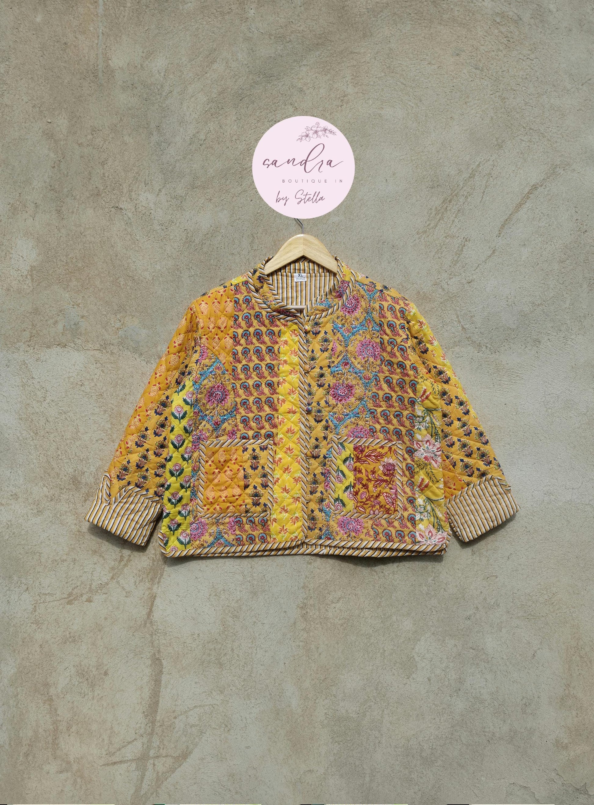 Indian Handmade Quilted Cotton Jacket, Vintage Yellow Patchwork Women's Reversible Coat, Kimono Boho Spring Soft Jacket, Gift for Her