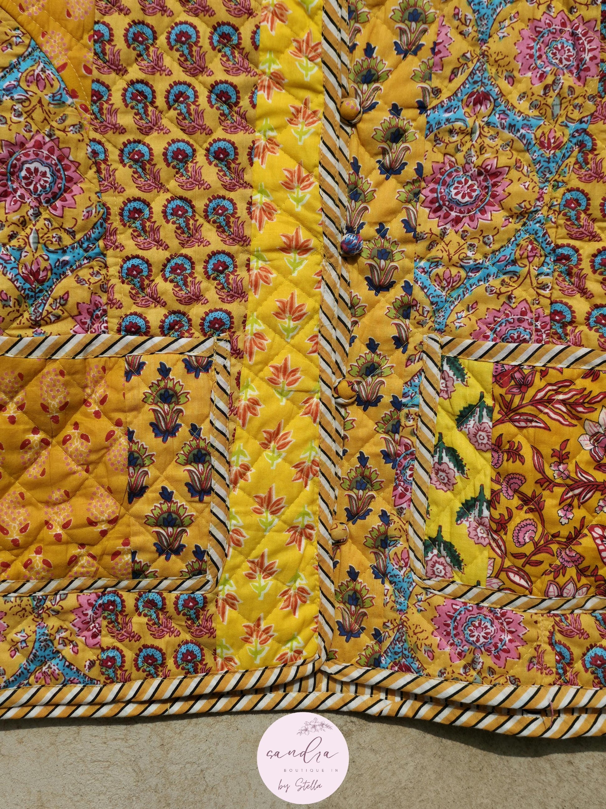 Indian Handmade Quilted Cotton Jacket, Vintage Yellow Patchwork Women's Reversible Coat, Kimono Boho Spring Soft Jacket, Gift for Her