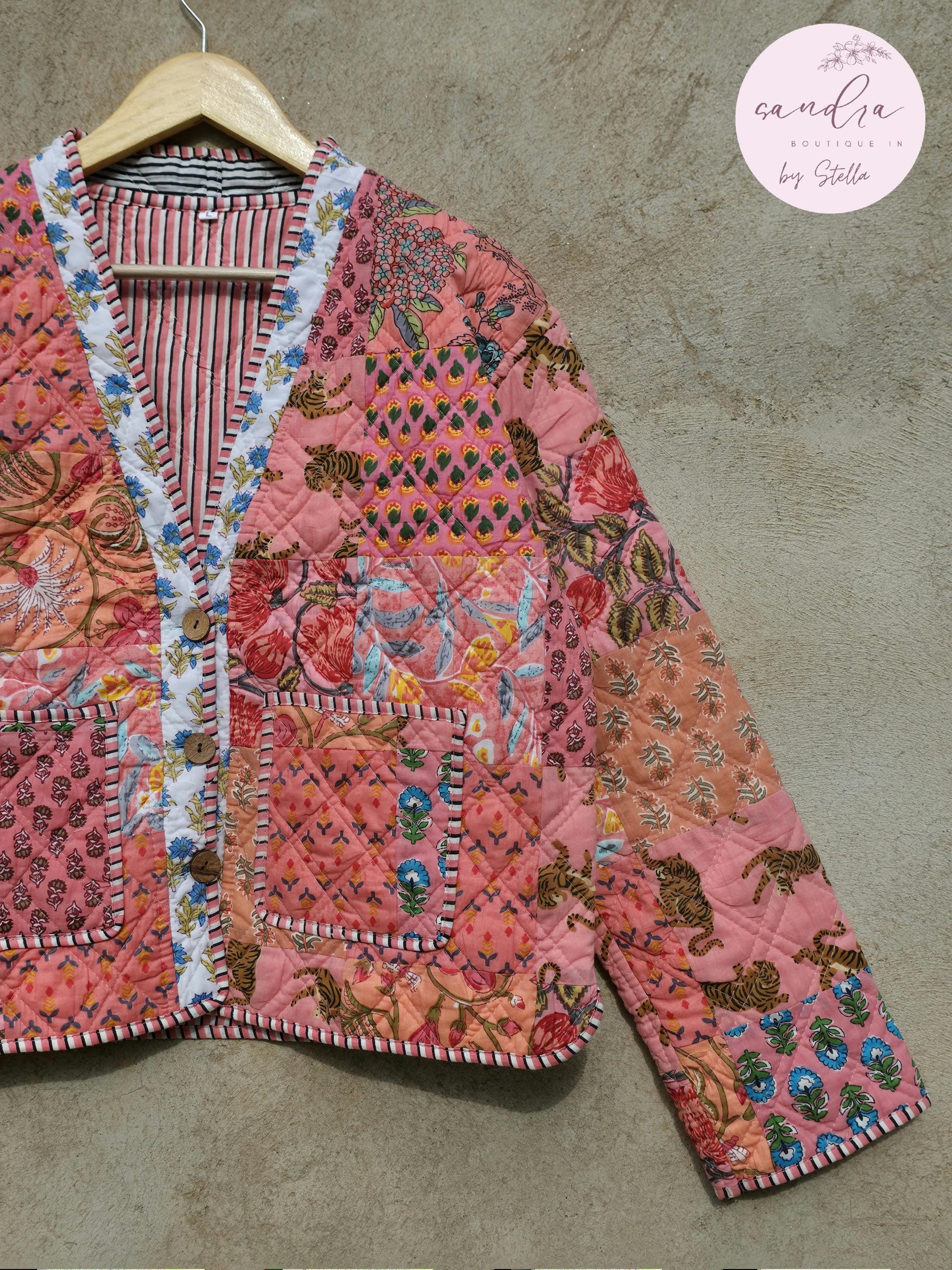 Cotton Quilted Jacket V-Neck New Style Kantha Jacket Hand Block Print Peach Patchwork Women's Clothing Coat Boho Spring Jacket Gift for Her