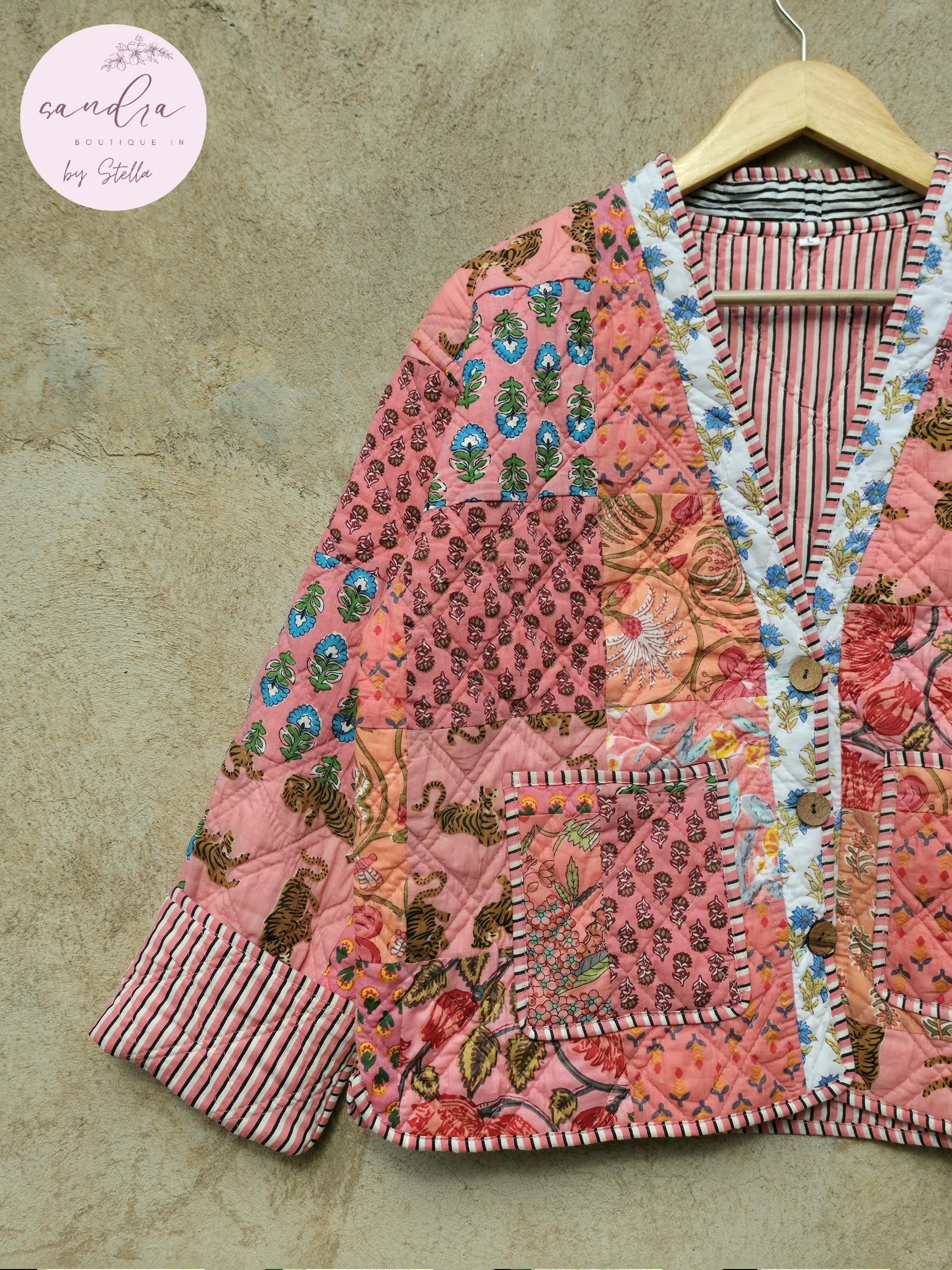 Cotton Quilted Jacket V-Neck New Style Kantha Jacket Hand Block Print Peach Patchwork Women's Clothing Coat Boho Spring Jacket Gift for Her
