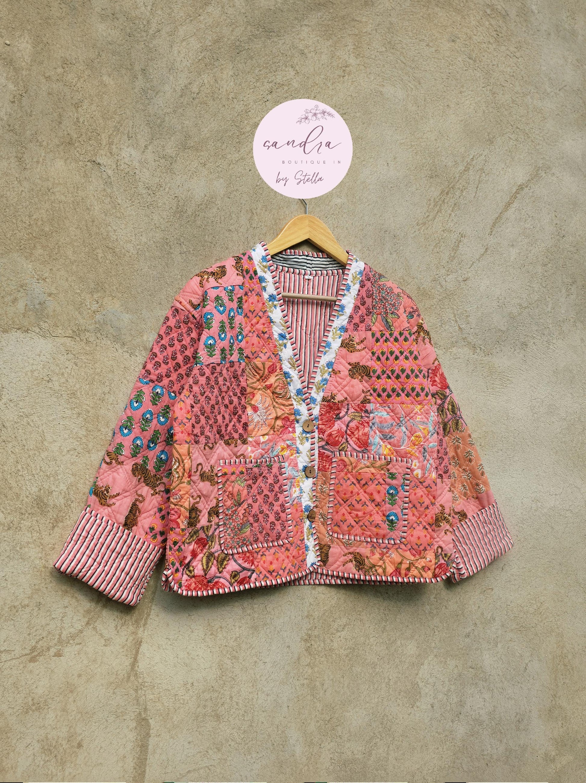 Cotton Quilted Jacket V-Neck New Style Kantha Jacket Hand Block Print Peach Patchwork Women's Clothing Coat Boho Spring Jacket Gift for Her