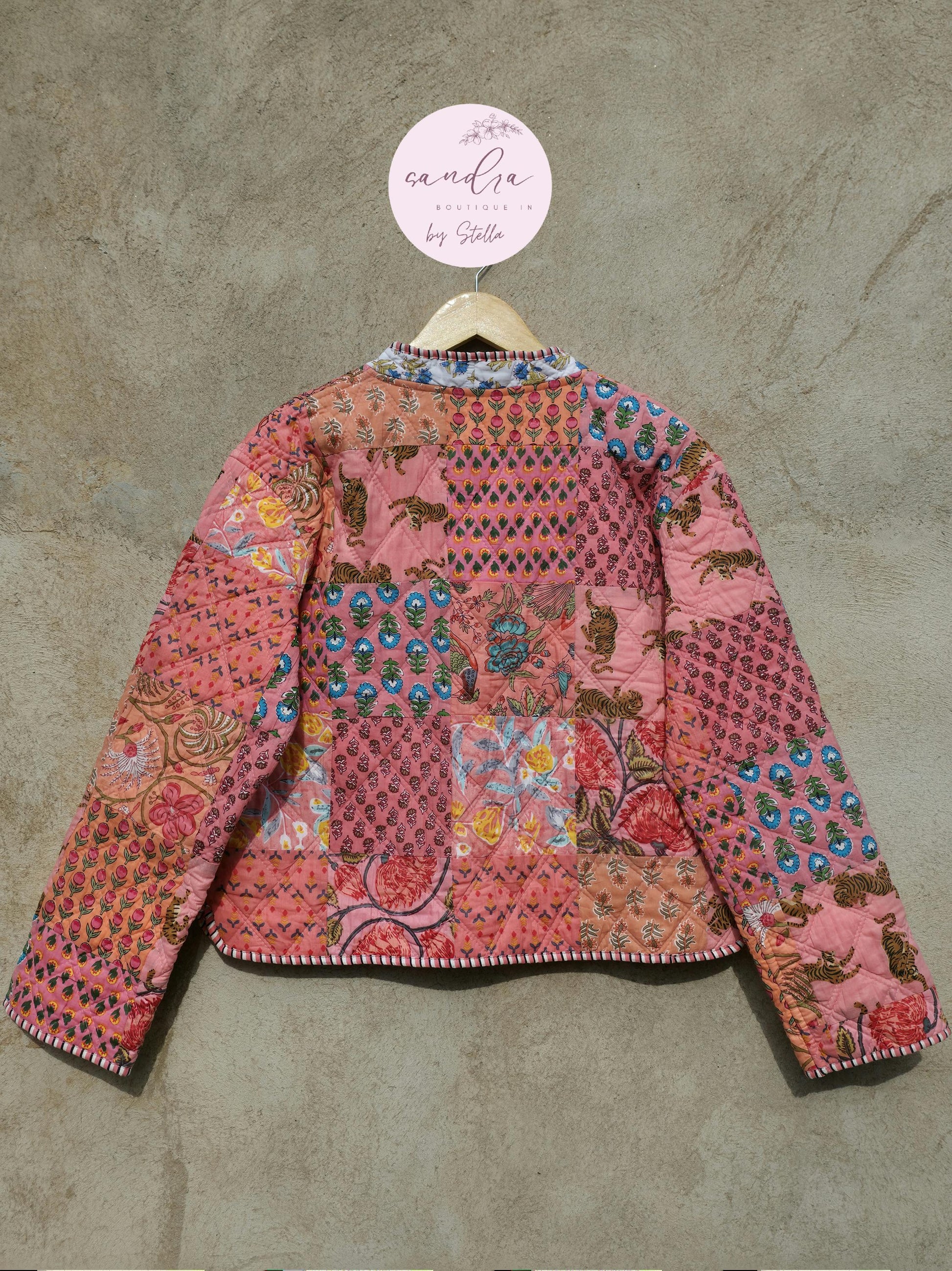Cotton Quilted Jacket V-Neck New Style Kantha Jacket Hand Block Print Peach Patchwork Women's Clothing Coat Boho Spring Jacket Gift for Her