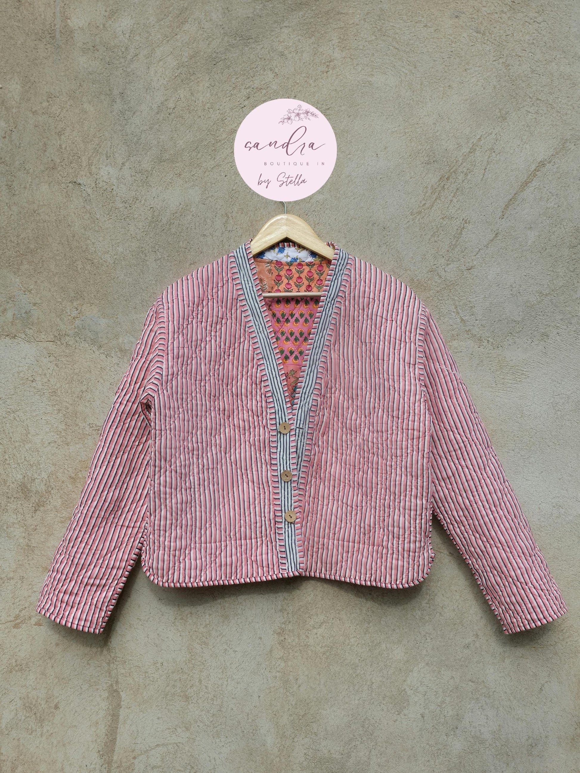 Cotton Quilted Jacket V-Neck New Style Kantha Jacket Hand Block Print Peach Patchwork Women's Clothing Coat Boho Spring Jacket Gift for Her