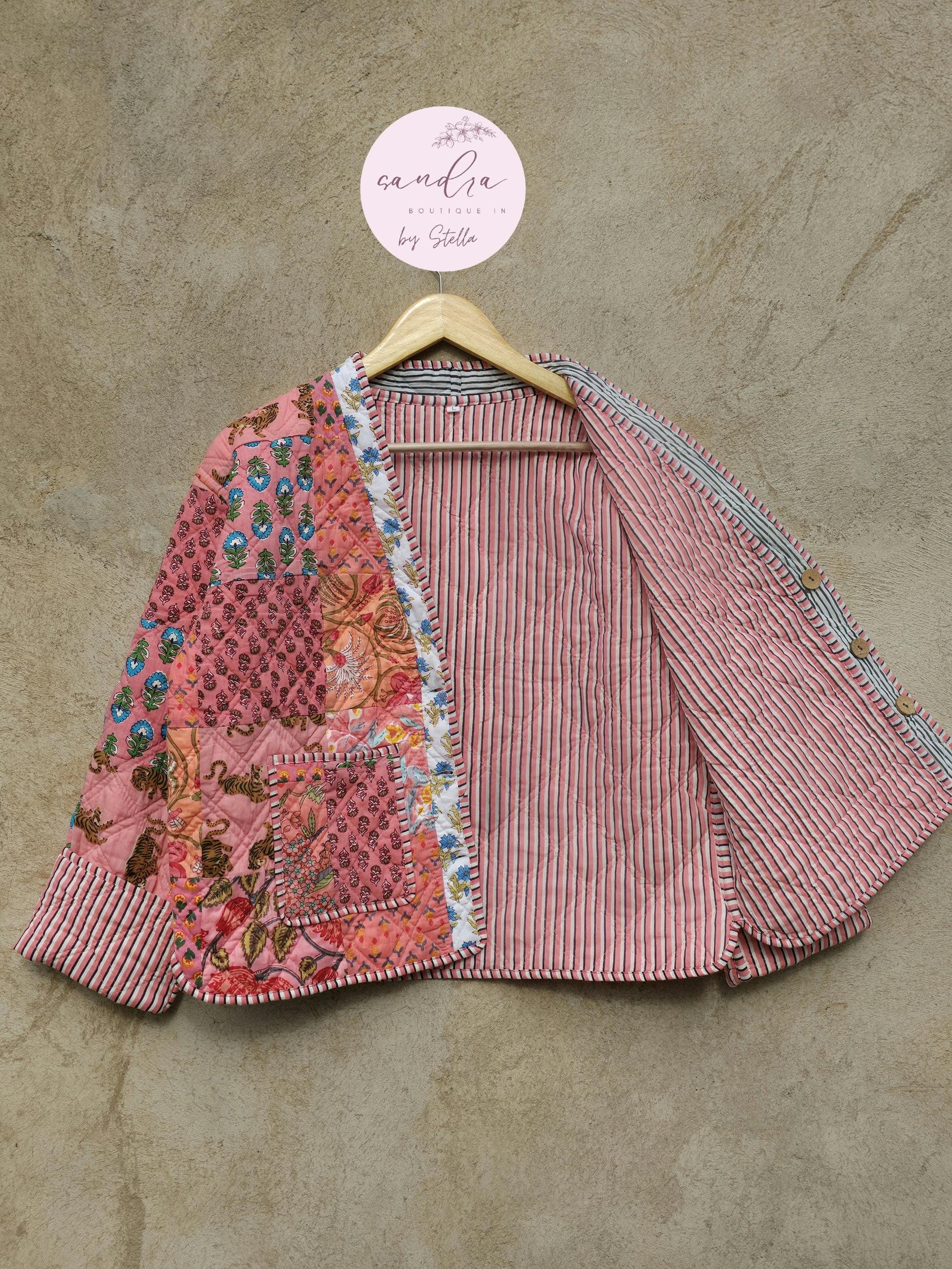 Cotton Quilted Jacket V-Neck New Style Kantha Jacket Hand Block Print Peach Patchwork Women's Clothing Coat Boho Spring Jacket Gift for Her