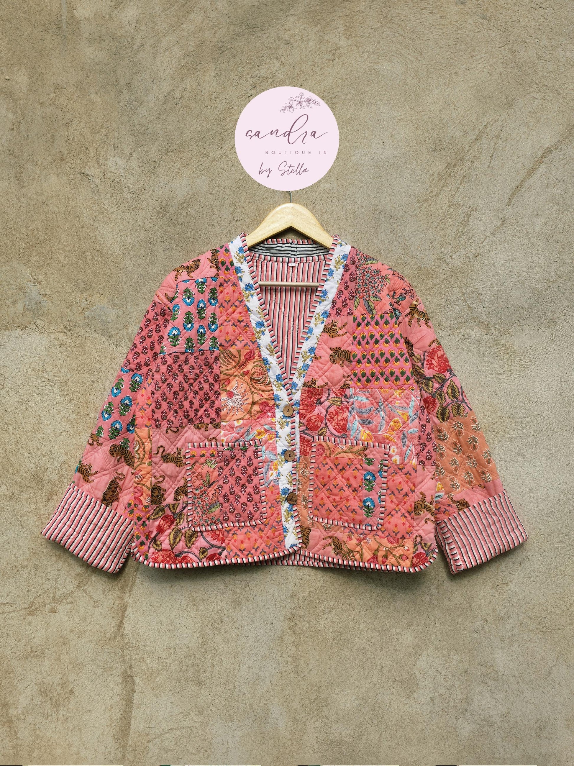 Cotton Quilted Jacket V-Neck New Style Kantha Jacket Hand Block Print Peach Patchwork Women's Clothing Coat Boho Spring Jacket Gift for Her