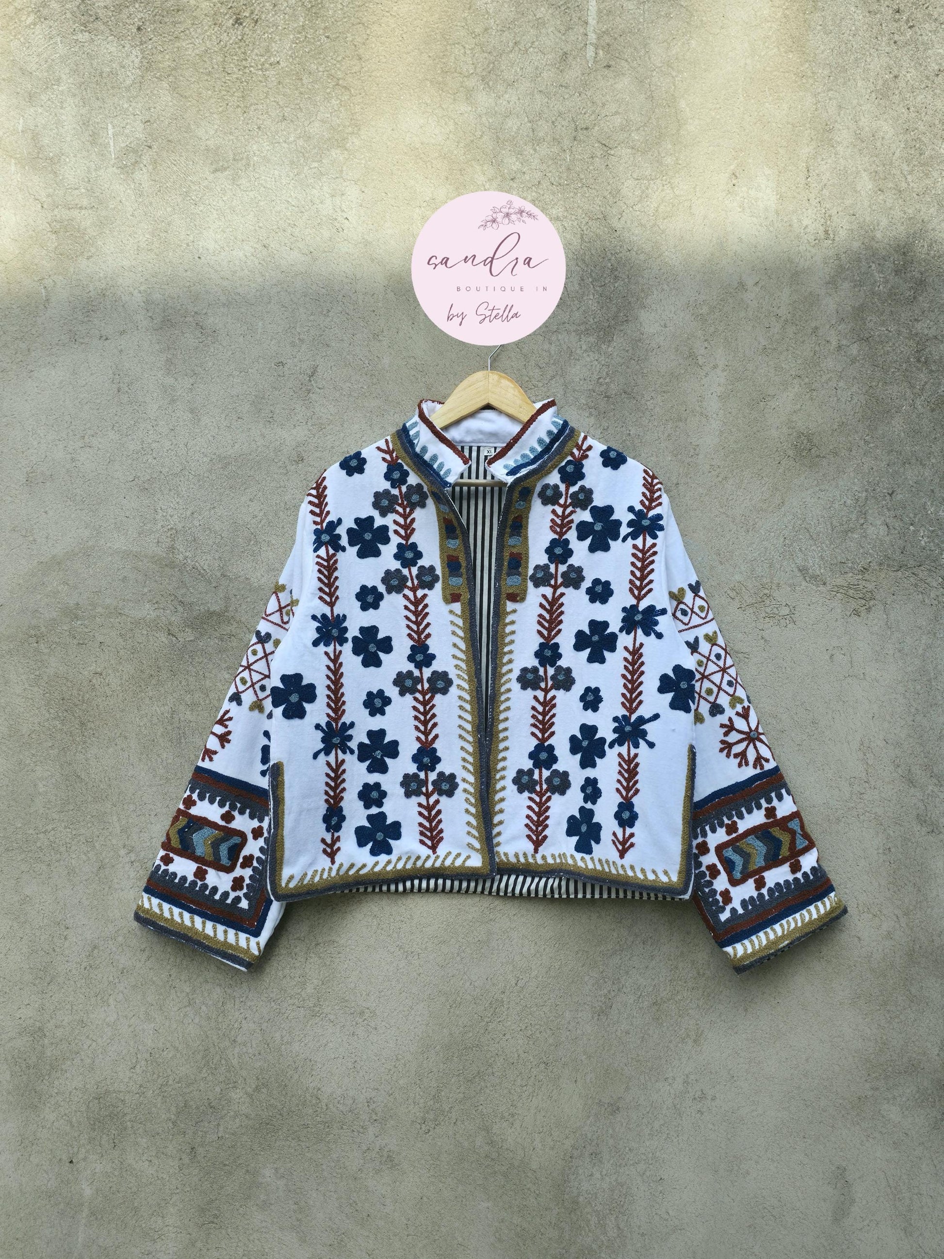 Handmade Suzani Embroidery Cotton Velvet Jacket, Short Kimono open Jacket, Women's Clothing Coat Boho, Soft Fabric Gift for Her