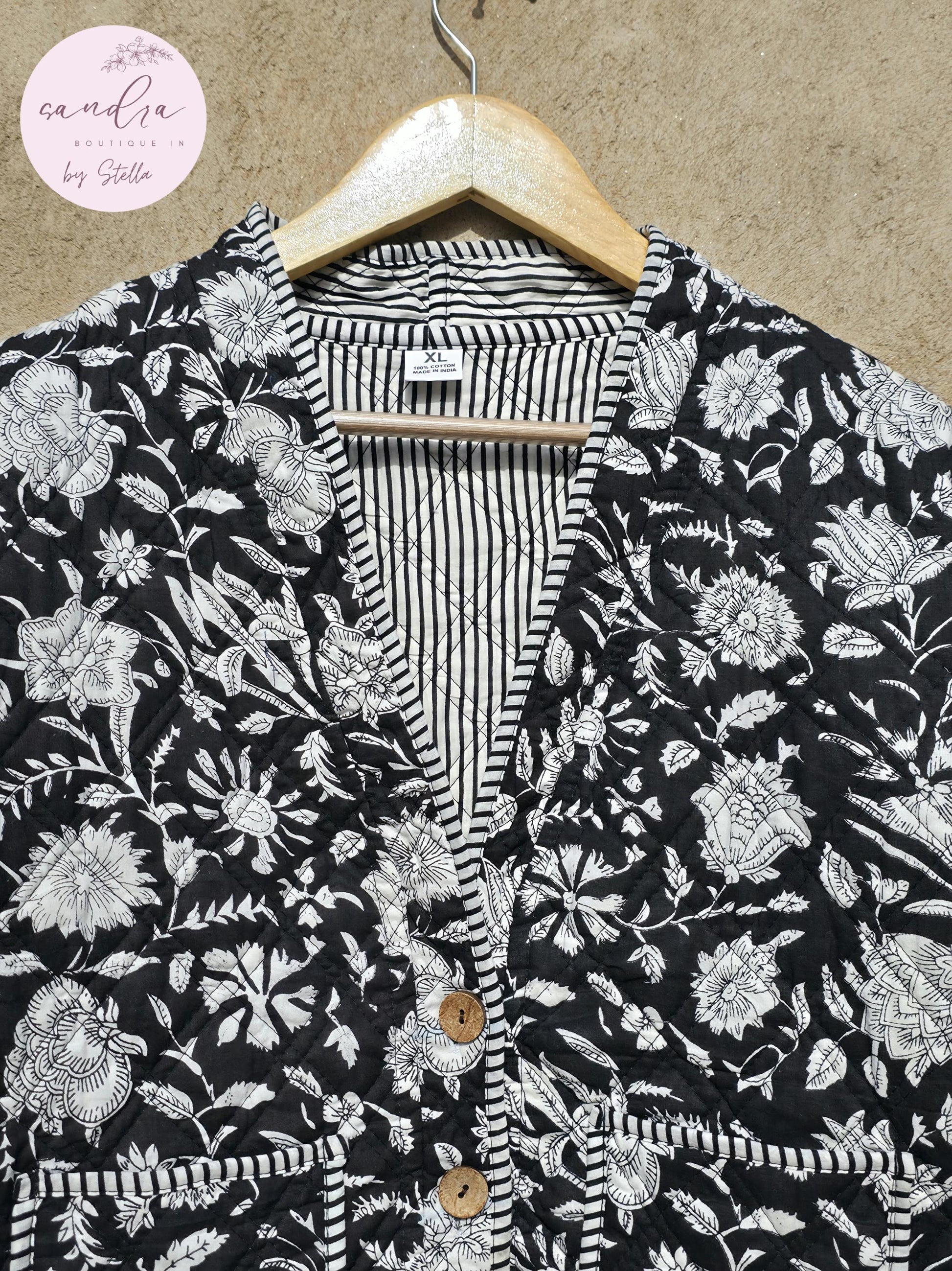 Handmade Cotton Quilted Jacket, Vintage Indian Black Floral Reversible Kantha V-Neck Coat Bohemian Hand Block Short Jacket, Gift for Her