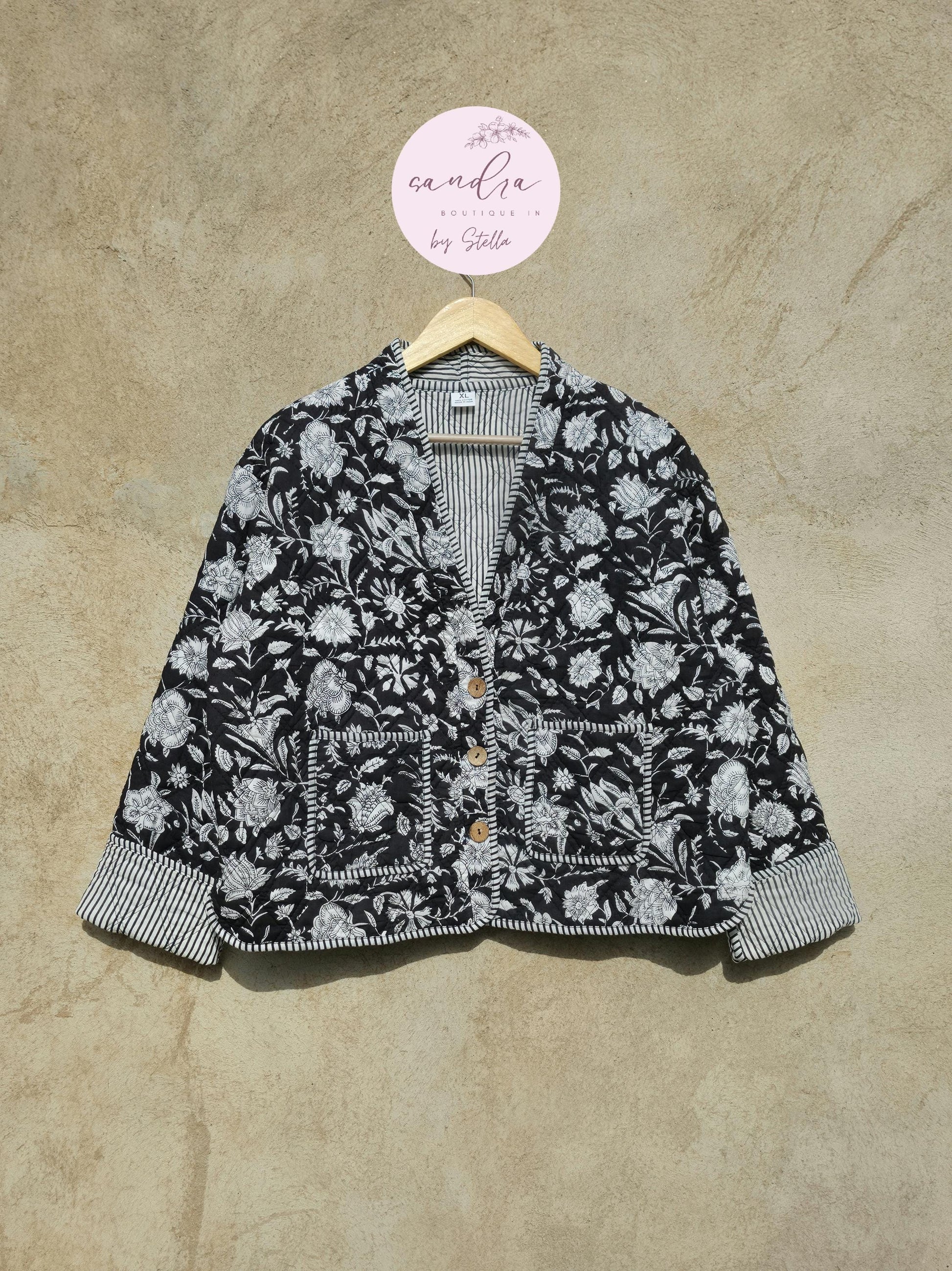 Handmade Cotton Quilted Jacket, Vintage Indian Black Floral Reversible Kantha V-Neck Coat Bohemian Hand Block Short Jacket, Gift for Her