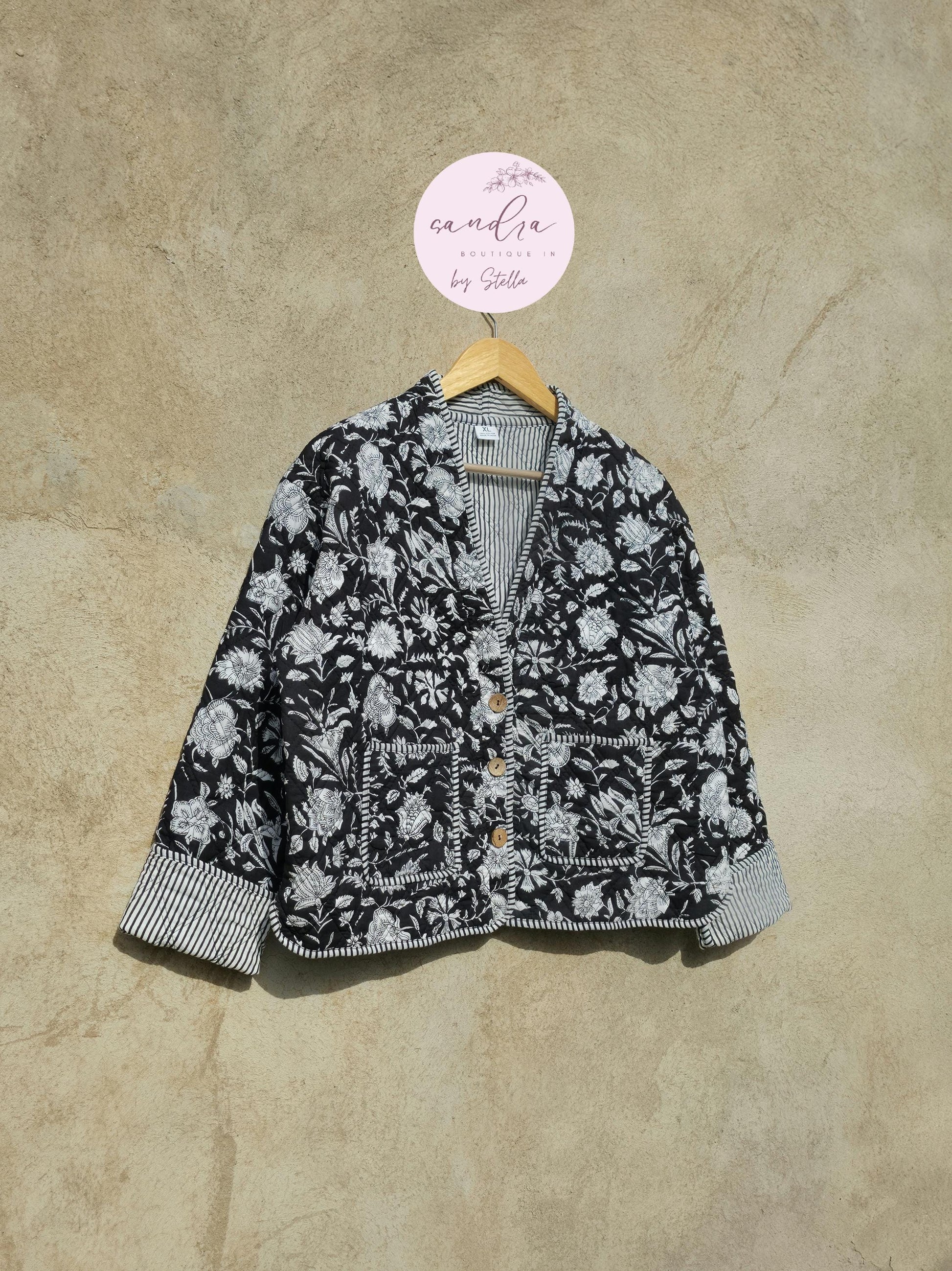 Handmade Cotton Quilted Jacket, Vintage Indian Black Floral Reversible Kantha V-Neck Coat Bohemian Hand Block Short Jacket, Gift for Her