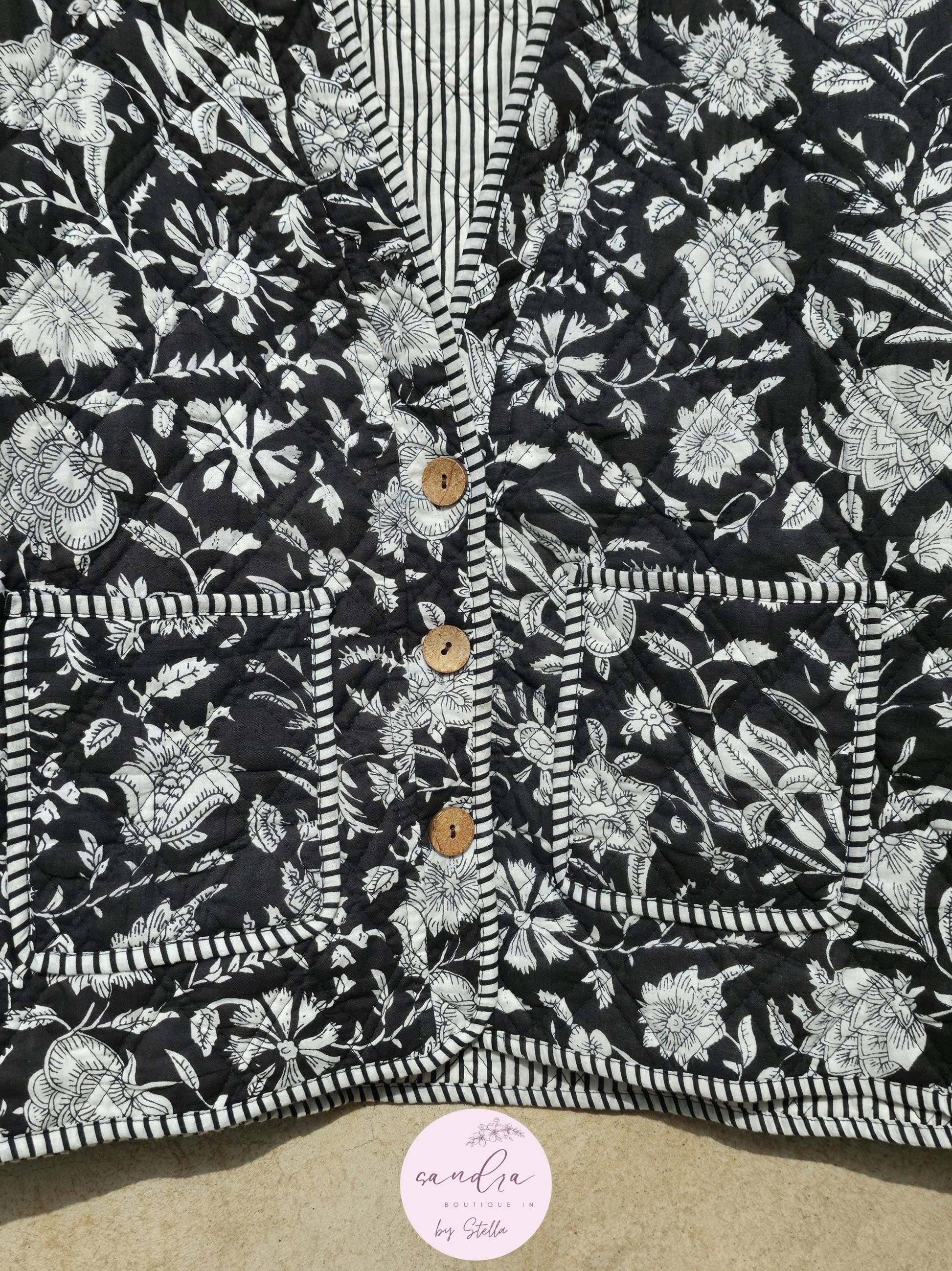 Handmade Cotton Quilted Jacket, Vintage Indian Black Floral Reversible Kantha V-Neck Coat Bohemian Hand Block Short Jacket, Gift for Her
