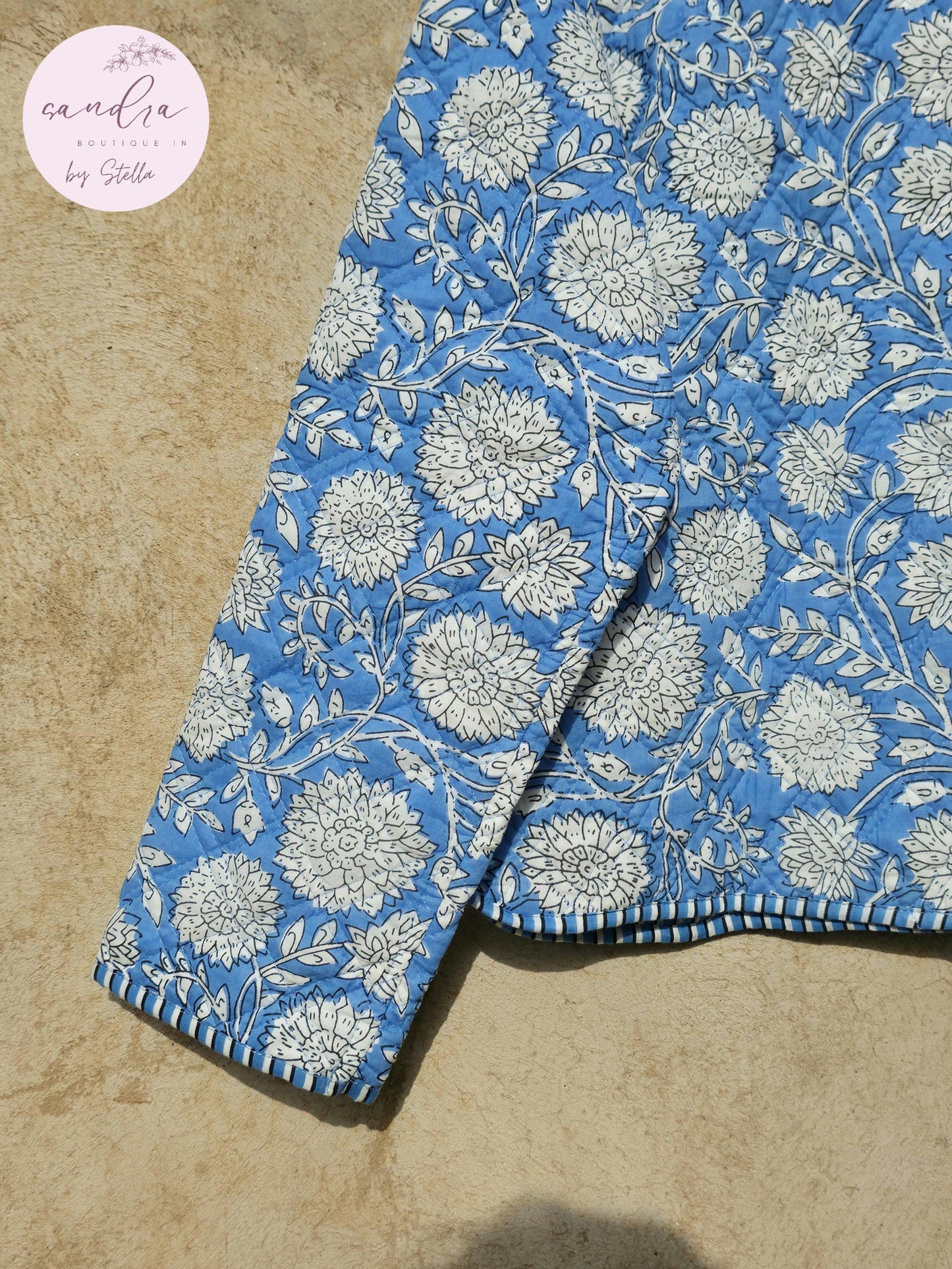 Handmade Cotton Quilted Jacket, Vintage Indian Sky Blue Floral Reversible Kantha V-Neck Coat Bohemian Hand Block Short Jacket, Gift for Her