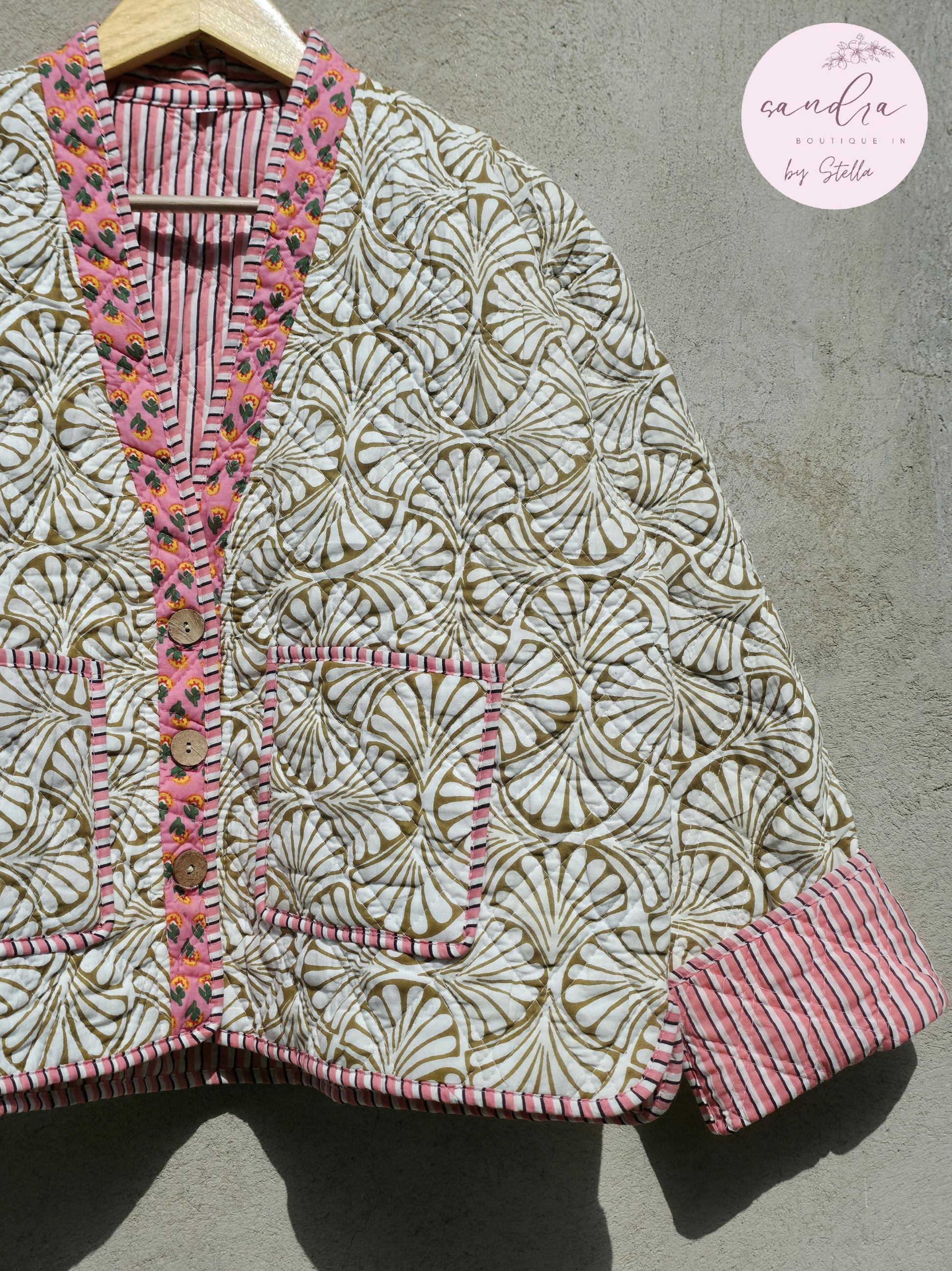 Indian Handmade Cotton Quilted Jacket, V-Neck Vintage Floral Reversible Kantha Coat, Bohemian Hand Block Short Jacket, Gift for Her
