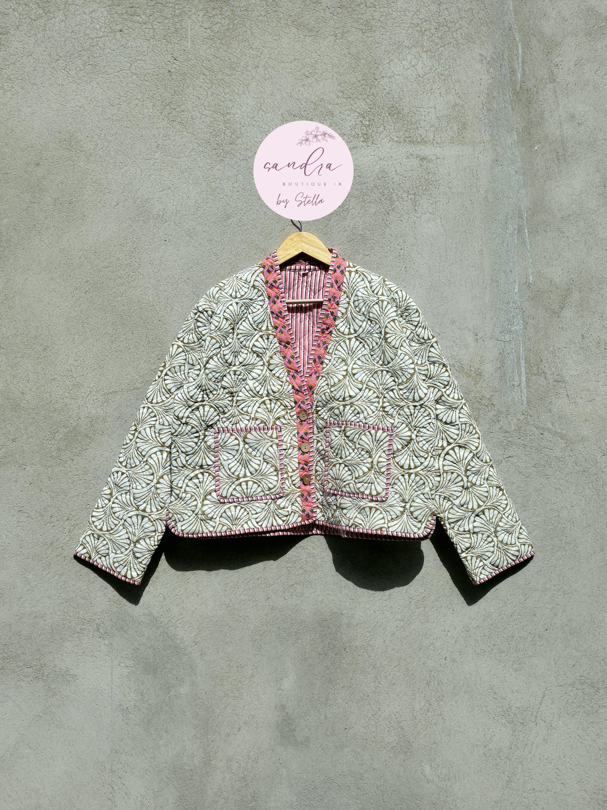 Indian Handmade Cotton Quilted Jacket, V-Neck Vintage Floral Reversible Kantha Coat, Bohemian Hand Block Short Jacket, Gift for Her