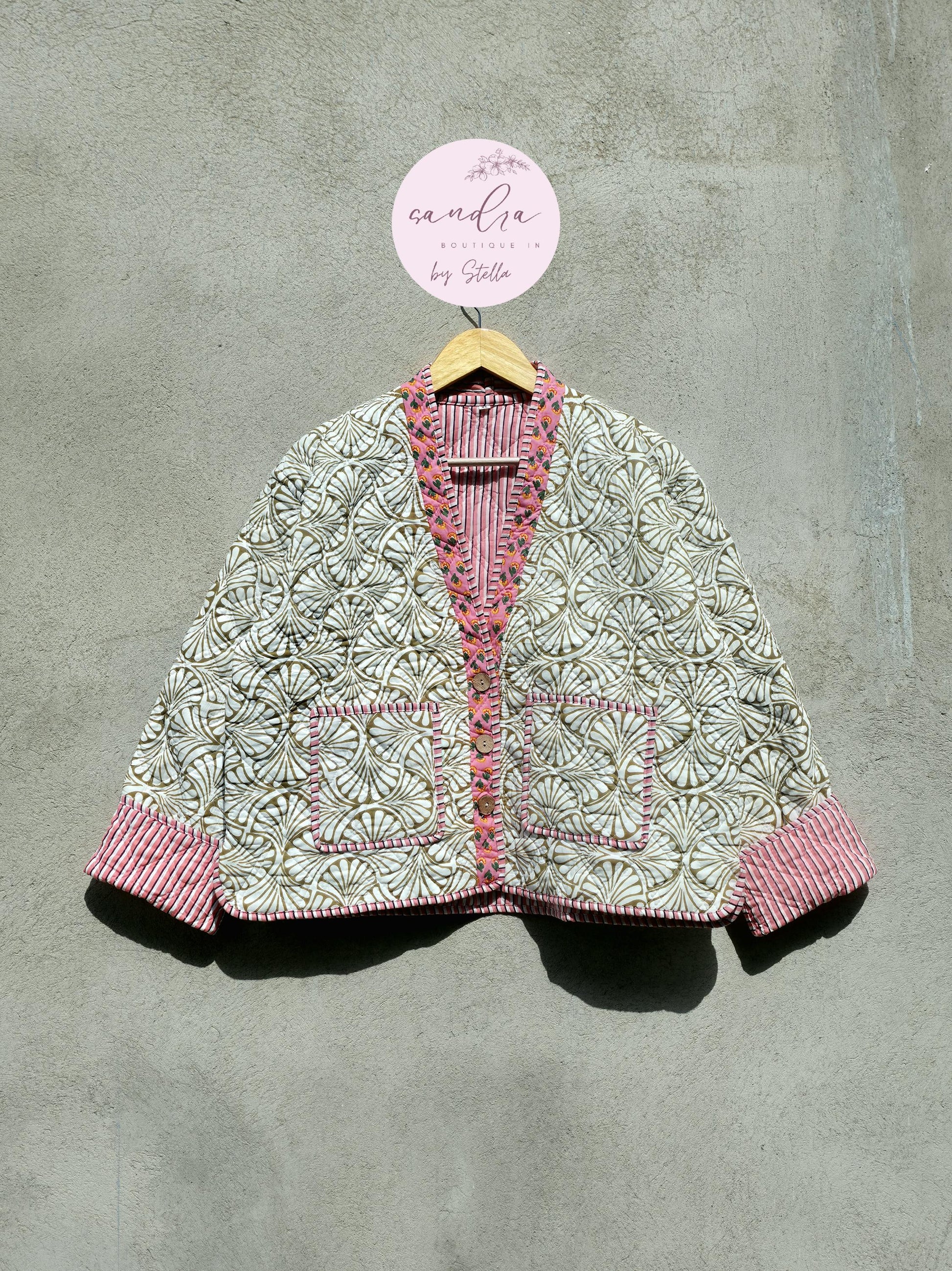 Indian Handmade Cotton Quilted Jacket, V-Neck Vintage Floral Reversible Kantha Coat, Bohemian Hand Block Short Jacket, Gift for Her