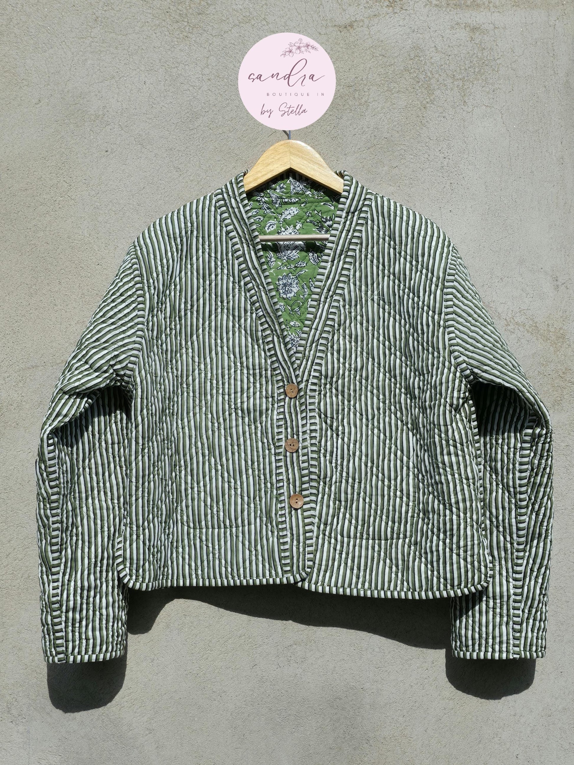 Indian Handmade Cotton Quilted Jacket, Vintage V-Neck Green & White Floral Reversible Kantha Coat, Bohemian Short Jacket, Gift for Her