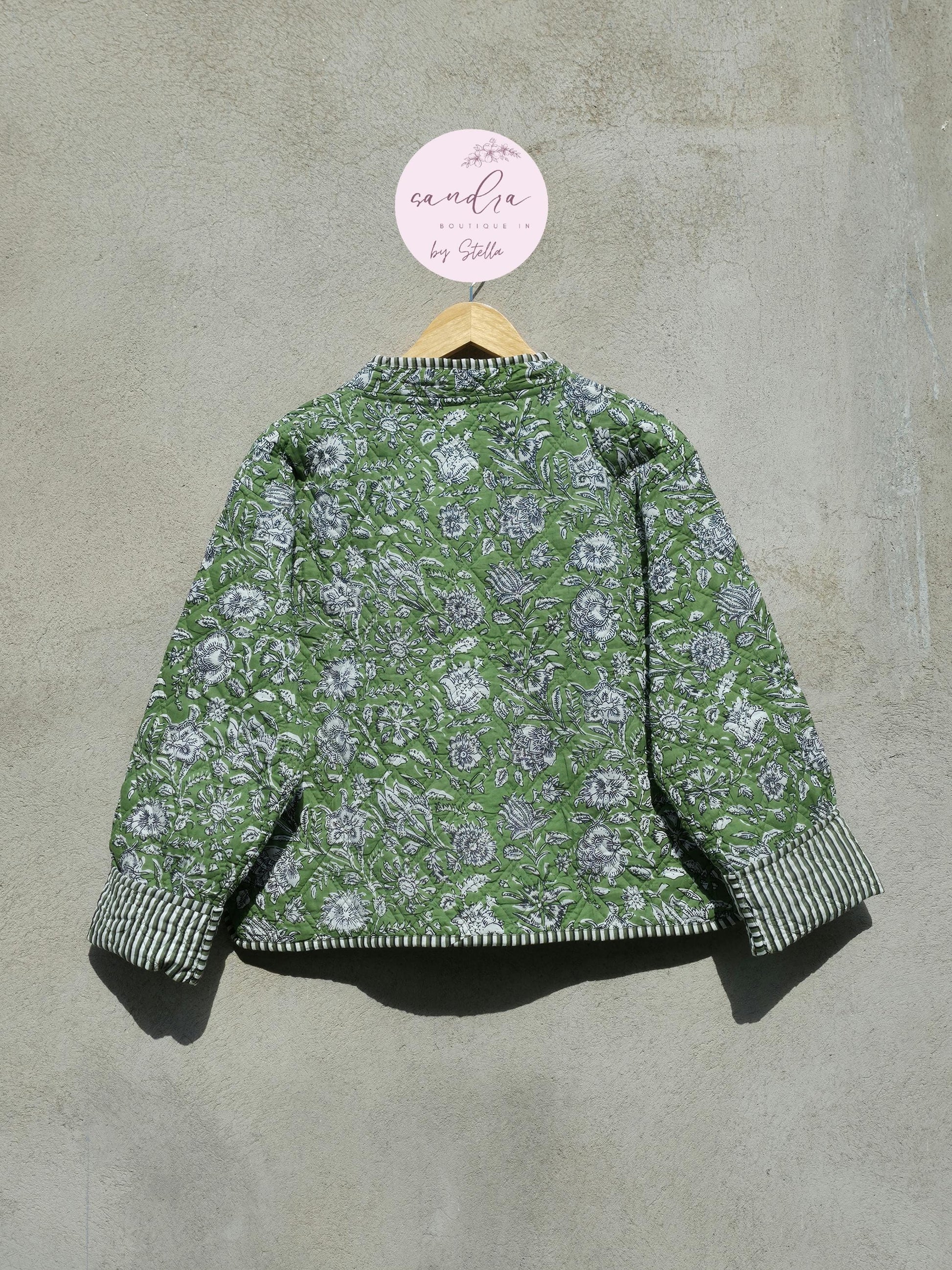Indian Handmade Cotton Quilted Jacket, Vintage V-Neck Green & White Floral Reversible Kantha Coat, Bohemian Short Jacket, Gift for Her