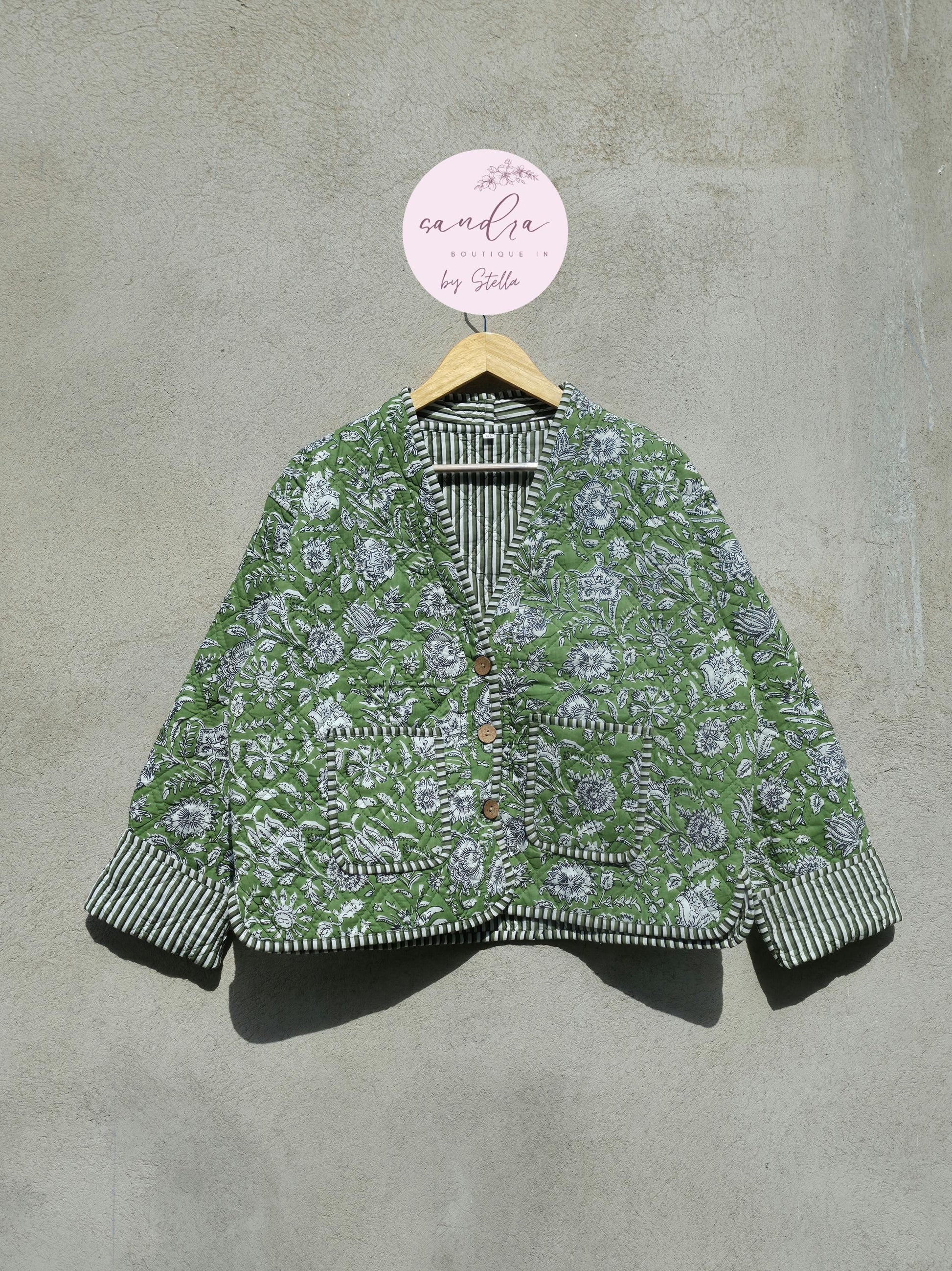 Indian Handmade Cotton Quilted Jacket, Vintage V-Neck Green & White Floral Reversible Kantha Coat, Bohemian Short Jacket, Gift for Her