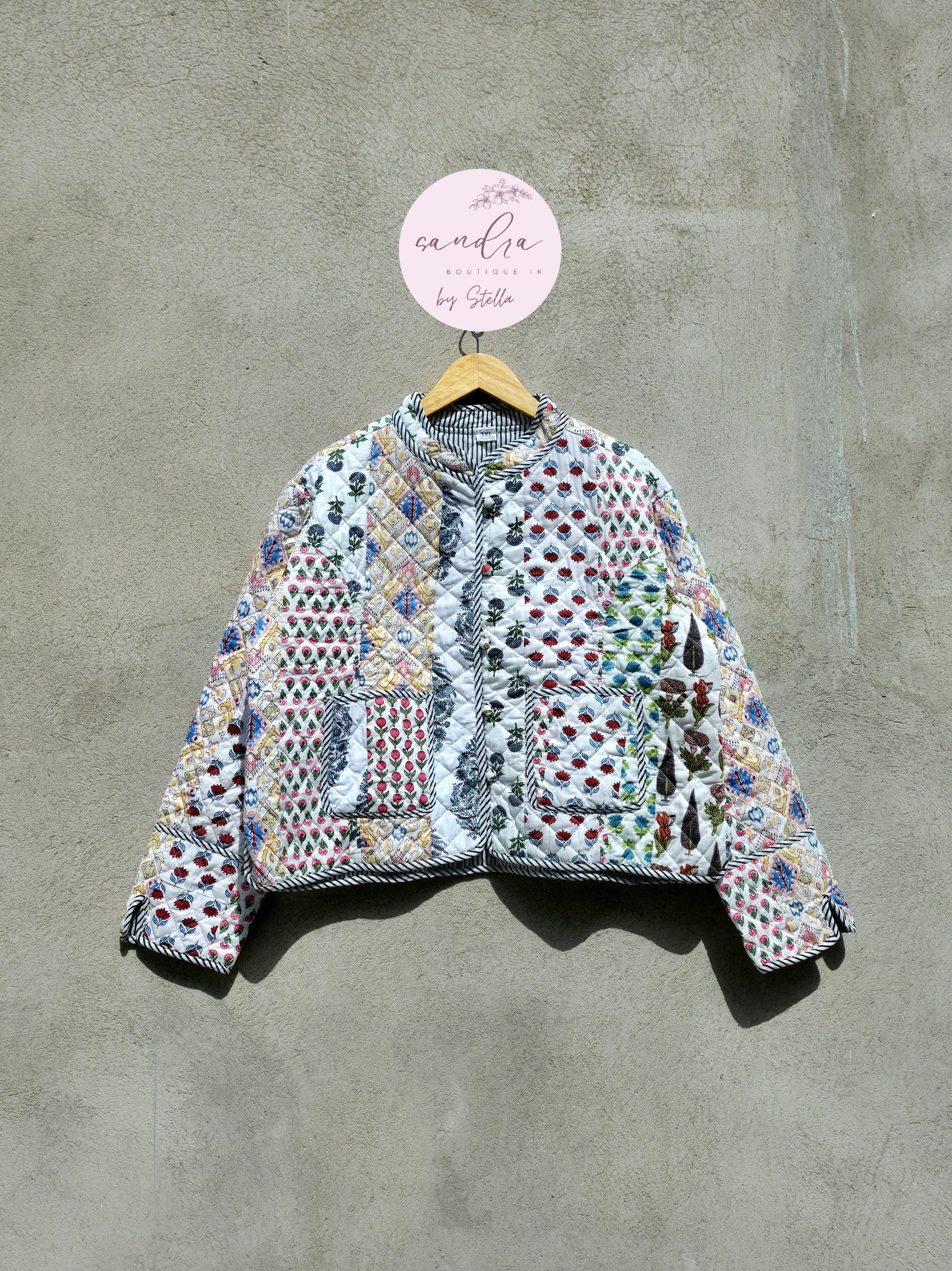 Indian Handmade Quilted Cotton Jacket, Vintage White Patchwork Women's Reversible Kantha Coat, Kimono Boho Spring Soft Jacket, Gift for Her