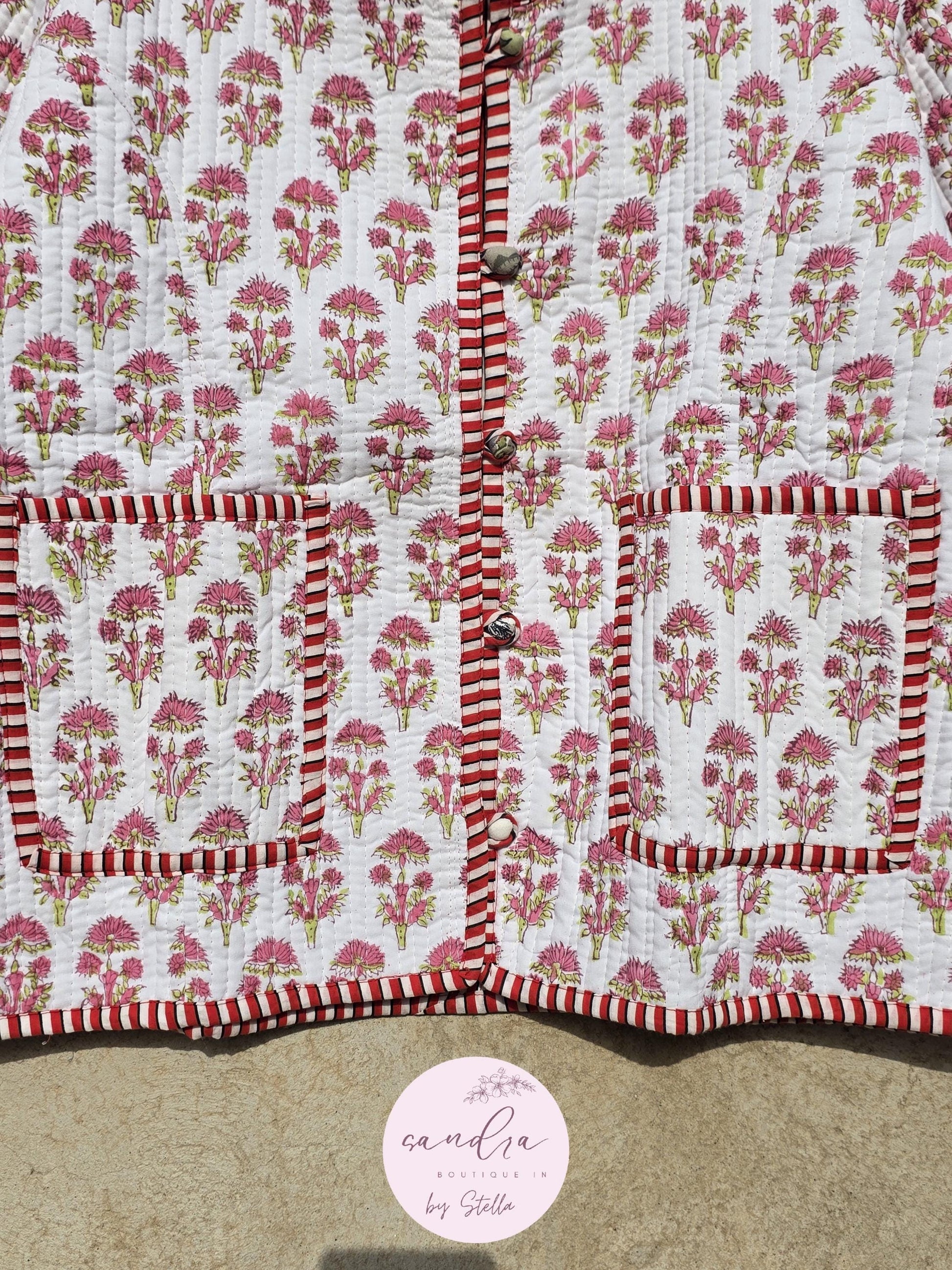 Cotton Handmade Kantha Quilted Jacket, White & Red Floral Reversible Women's Soft Coat, Vintage Indian Kimono Boho Jacket, Gift for Her