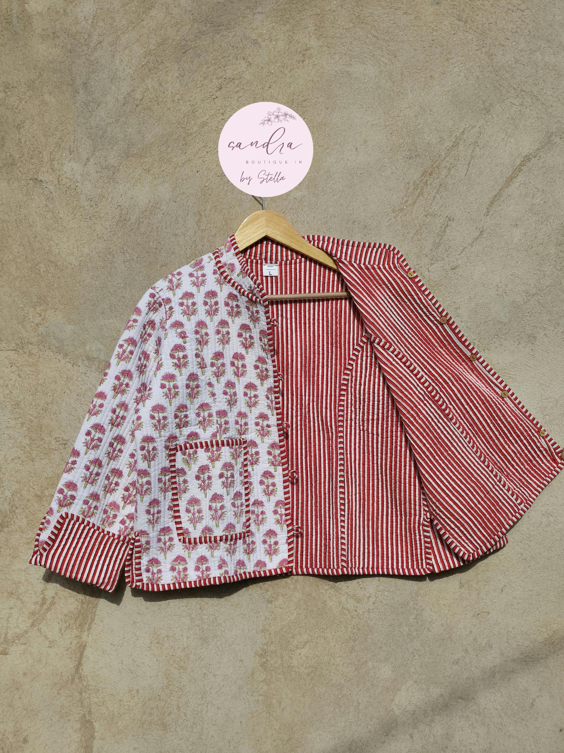 Cotton Handmade Kantha Quilted Jacket, White & Red Floral Reversible Women's Soft Coat, Vintage Indian Kimono Boho Jacket, Gift for Her