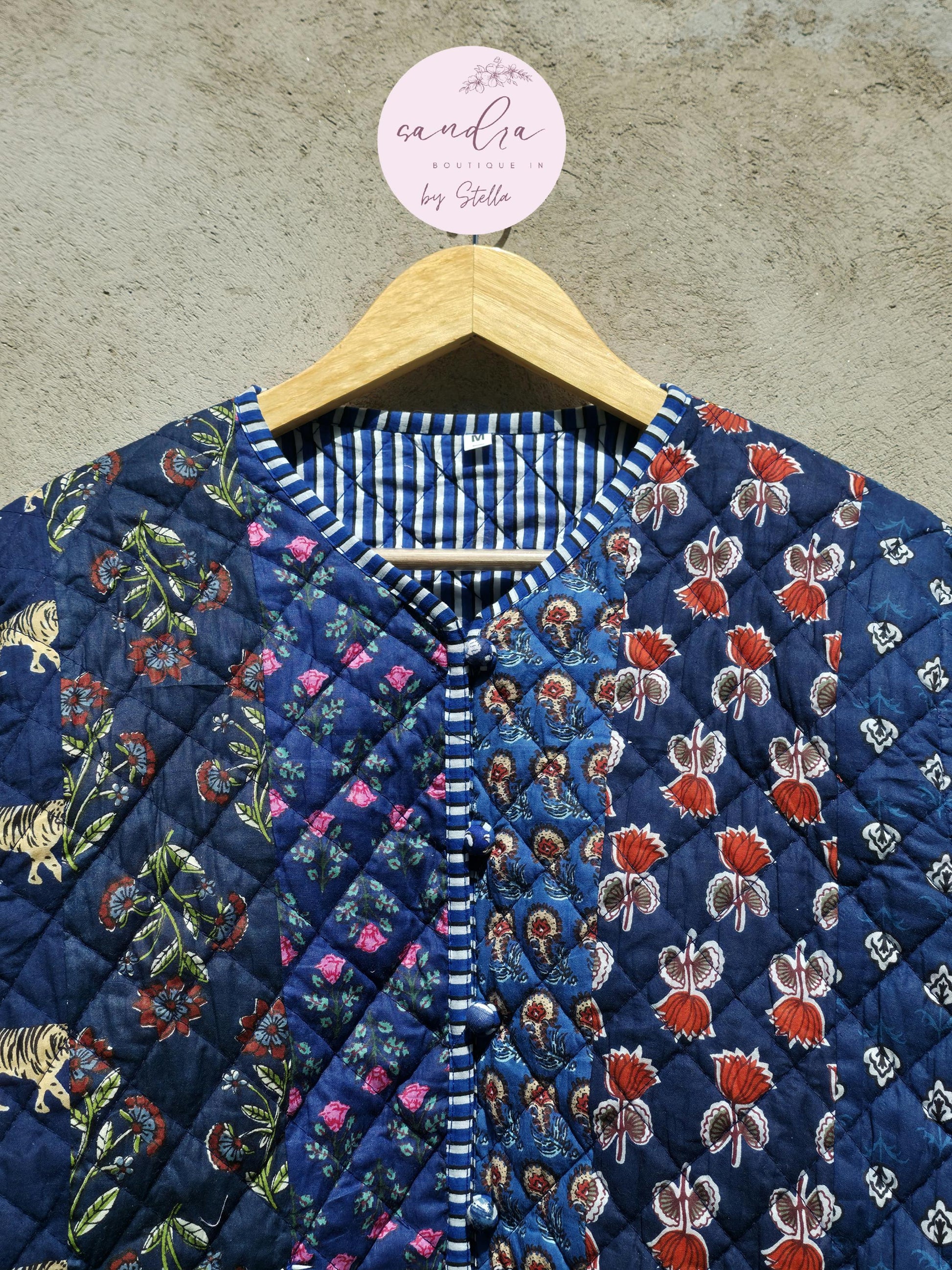 Indian Handmade Patchwork Cotton Quilted Jacket, Vintage Blue New Style Cotton Quilted Jacket, Reversible Women's Boho Coat, Gift for Her