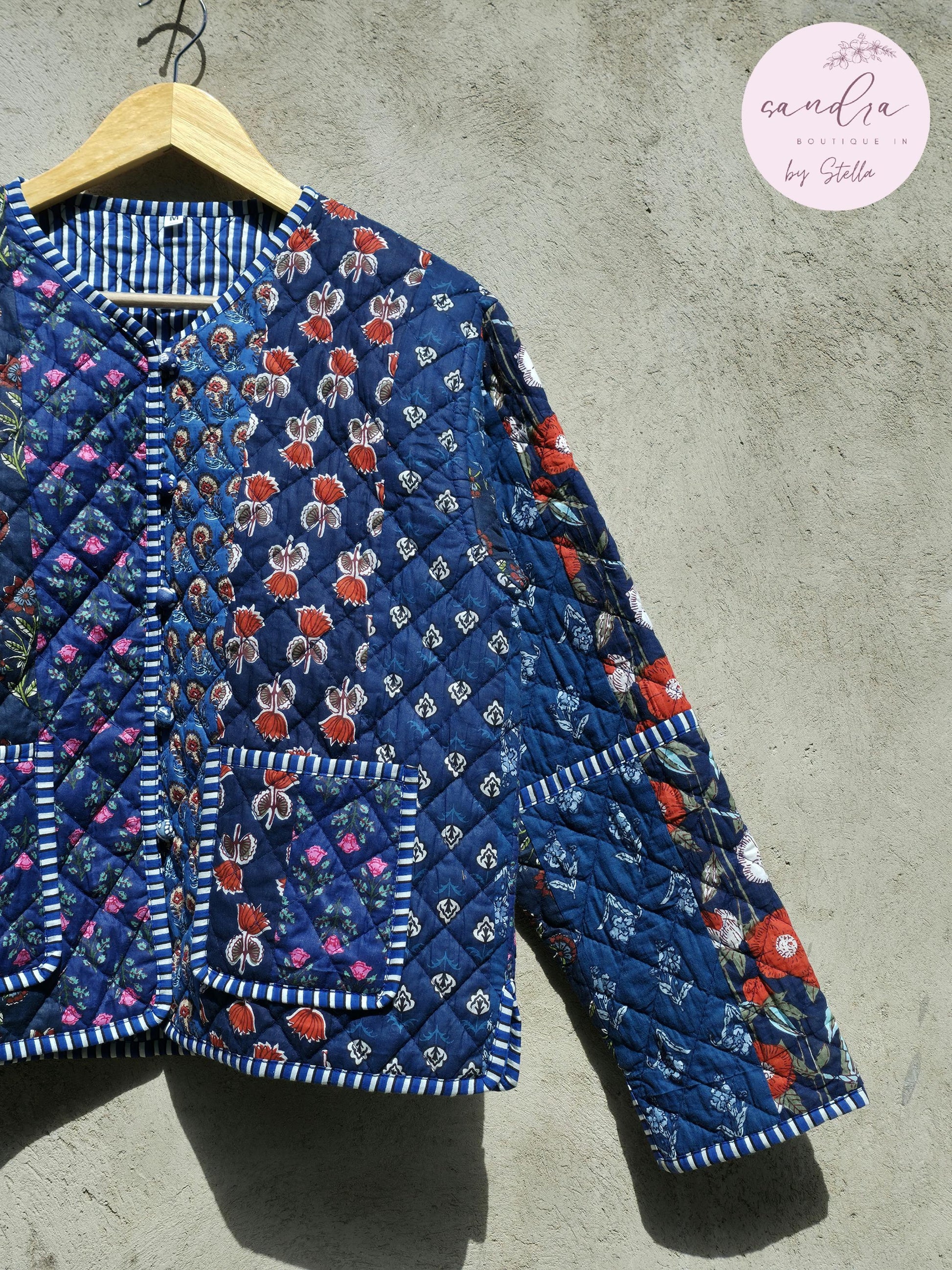 Indian Handmade Patchwork Cotton Quilted Jacket, Vintage Blue New Style Cotton Quilted Jacket, Reversible Women's Boho Coat, Gift for Her