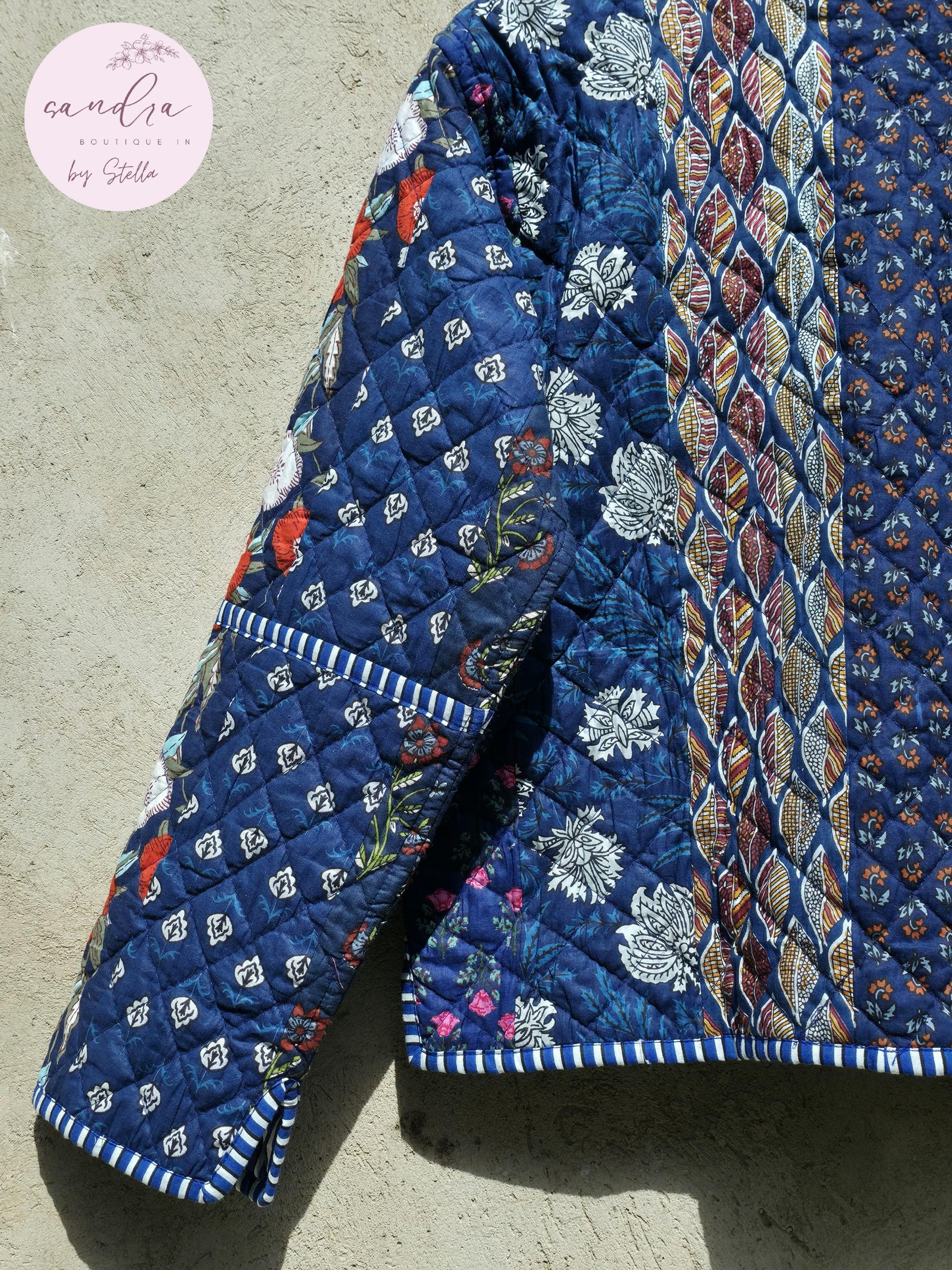Indian Handmade Patchwork Cotton Quilted Jacket, Vintage Blue New Style Cotton Quilted Jacket, Reversible Women's Boho Coat, Gift for Her